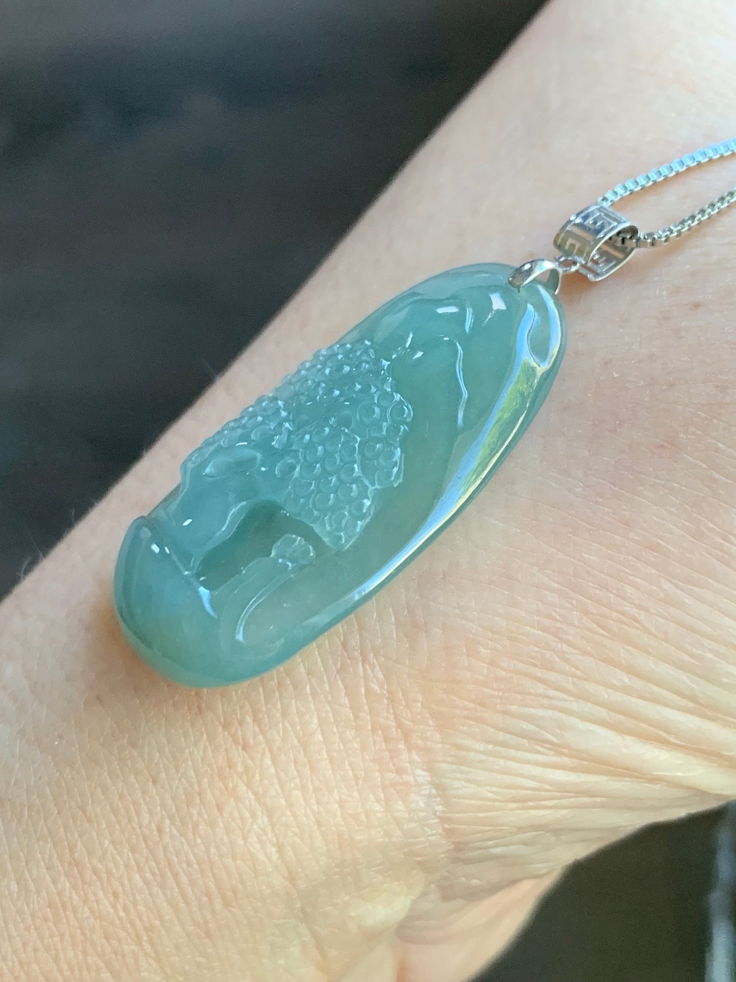 Natural Burmese Icy Translucent Light Green Jadeite Engraved Shan Shui Landscape Scenery Pendant 18K White Gold 天然缅甸冰晴翡翠山水牌镶嵌吊坠