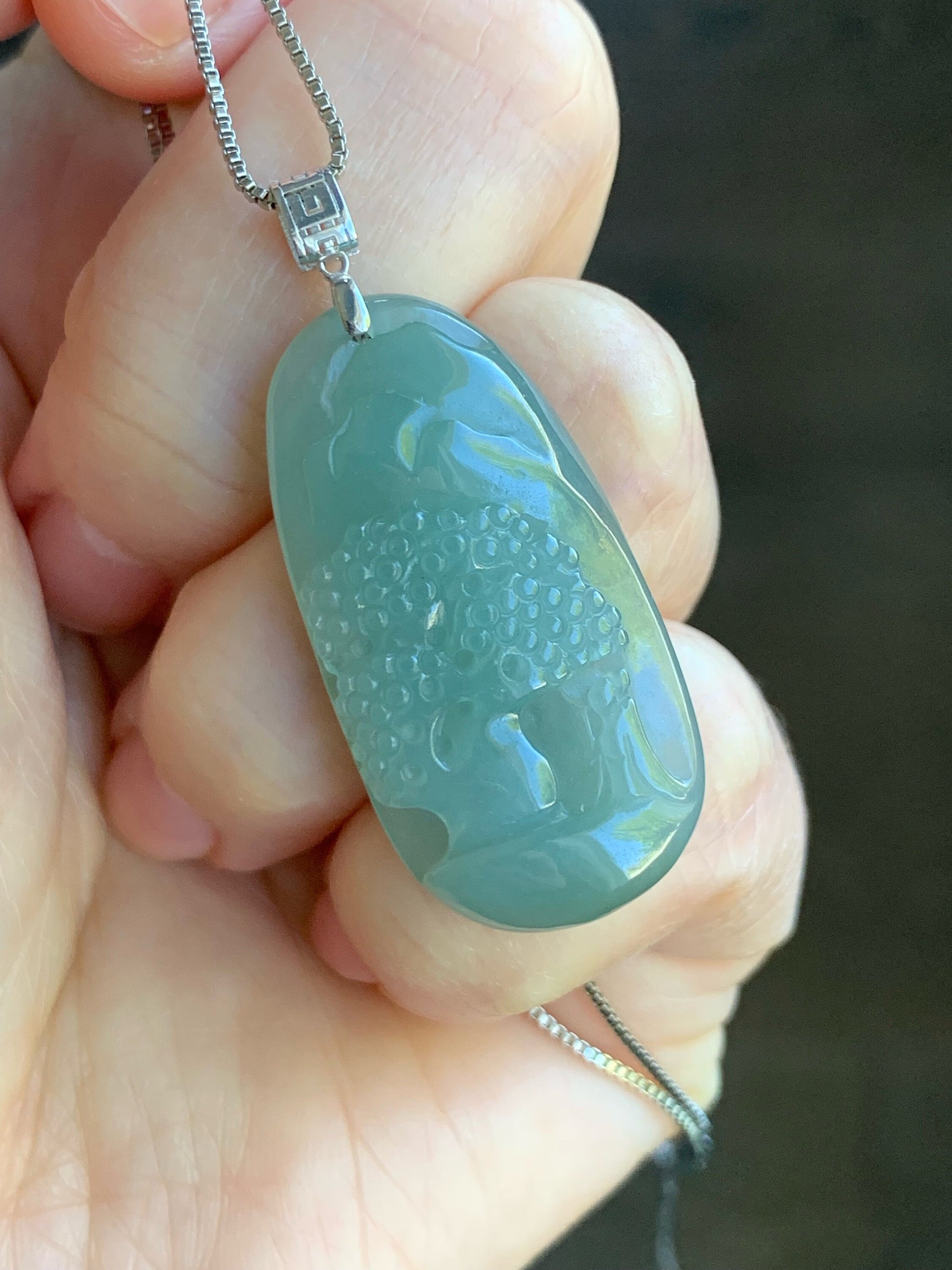 Natural Burmese Icy Translucent Light Green Jadeite Engraved Shan Shui Landscape Scenery Pendant 18K White Gold 天然缅甸冰晴翡翠山水牌镶嵌吊坠