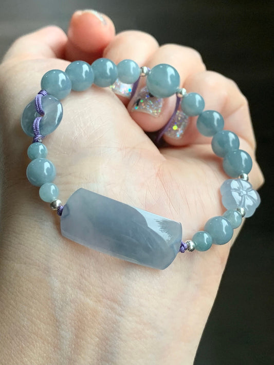 Certified Natural Guatemalan Icy Highly Translucent Purplish Blue Jadeite & Dusty Blue Jadeite Beaded Bracelet 6.75” 16g 天然冰透危蓝紫翡翠手牌蓝水珠手串