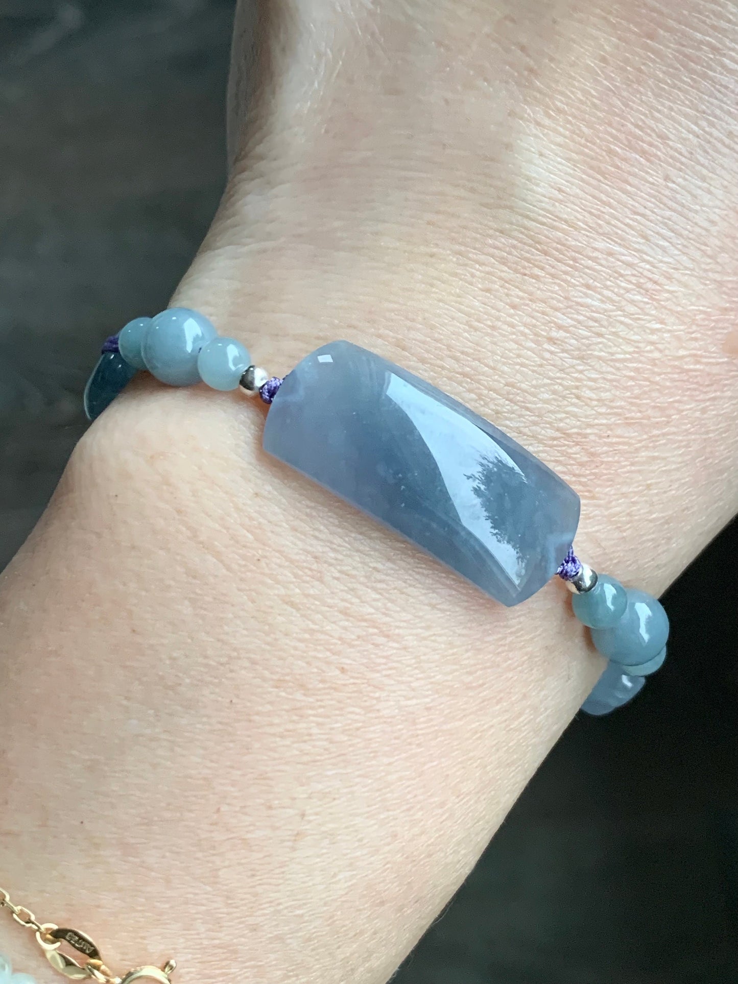 Certified Natural Guatemalan Icy Highly Translucent Purplish Blue Jadeite & Dusty Blue Jadeite Beaded Bracelet 6.75” 16g 天然冰透危蓝紫翡翠手牌蓝水珠手串