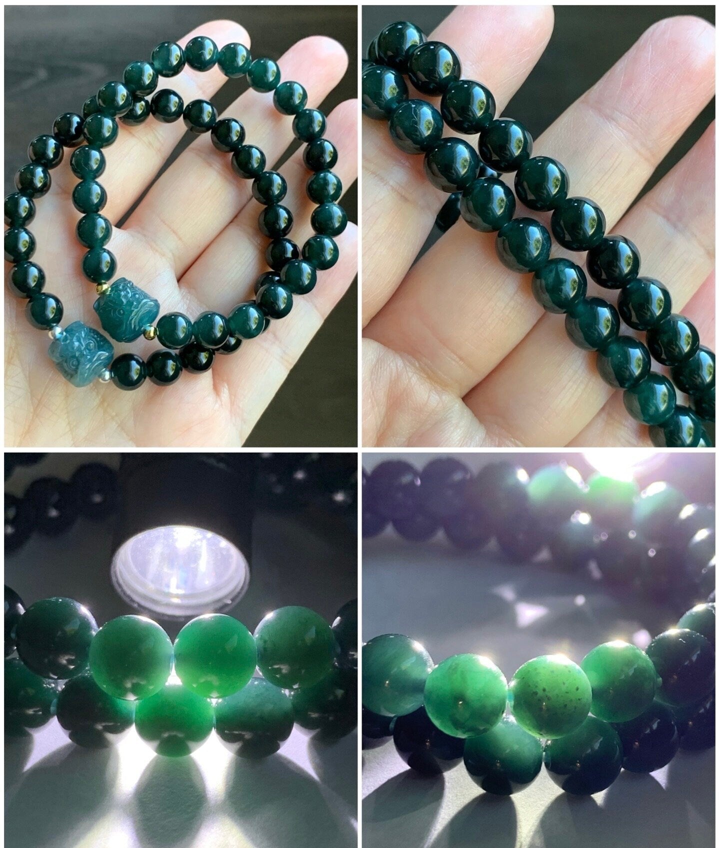 Natural Guatemalan Icy Translucent Gelatinous Dark Teal Green Jadeite Dancing Lion Bead Beaded Bracelet 7” Sterling Silver 天然冰胶危湖水绿翡翠醒狮珠手串