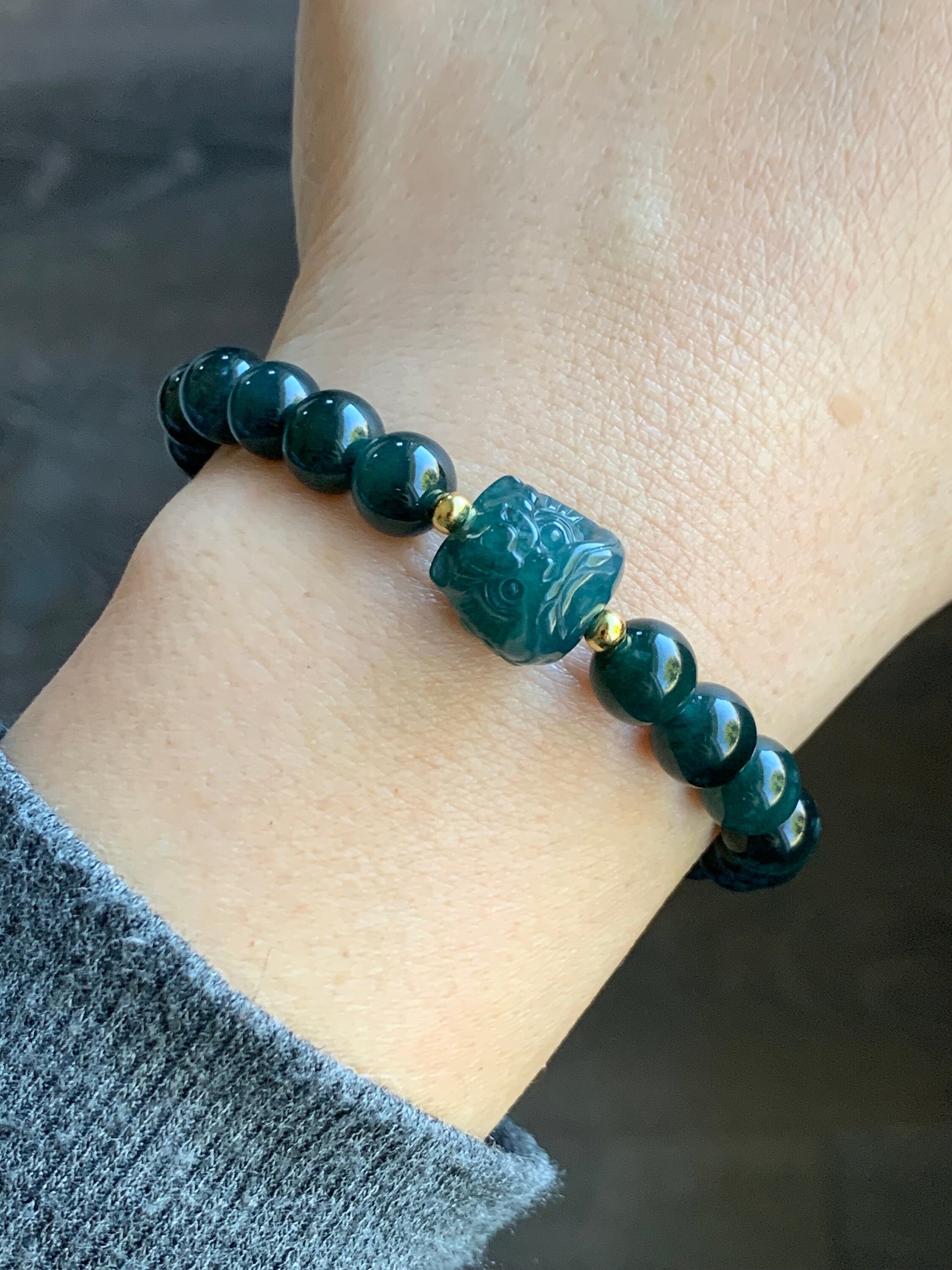Natural Guatemalan Icy Translucent Gelatinous Dark Teal Green Jadeite Dancing Lion Bead Beaded Bracelet 7” Sterling Silver 天然冰胶危湖水绿翡翠醒狮珠手串