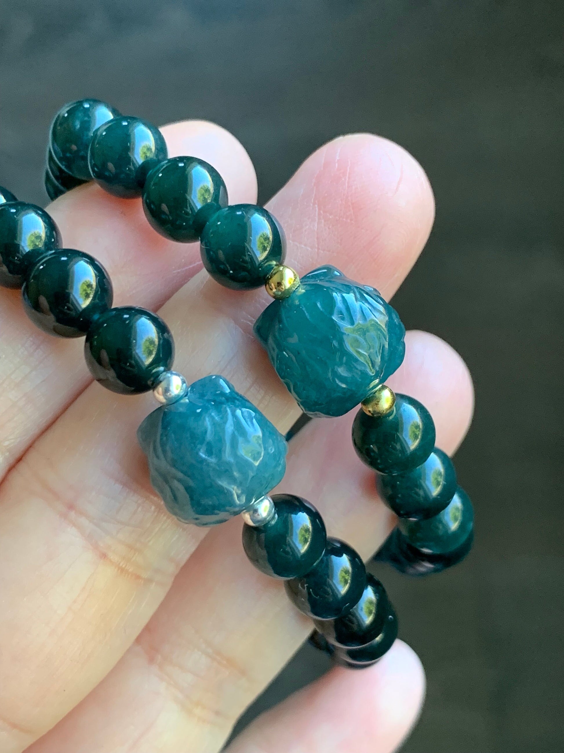 Natural Guatemalan Icy Translucent Gelatinous Dark Teal Green Jadeite Dancing Lion Bead Beaded Bracelet 7” Sterling Silver 天然冰胶危湖水绿翡翠醒狮珠手串