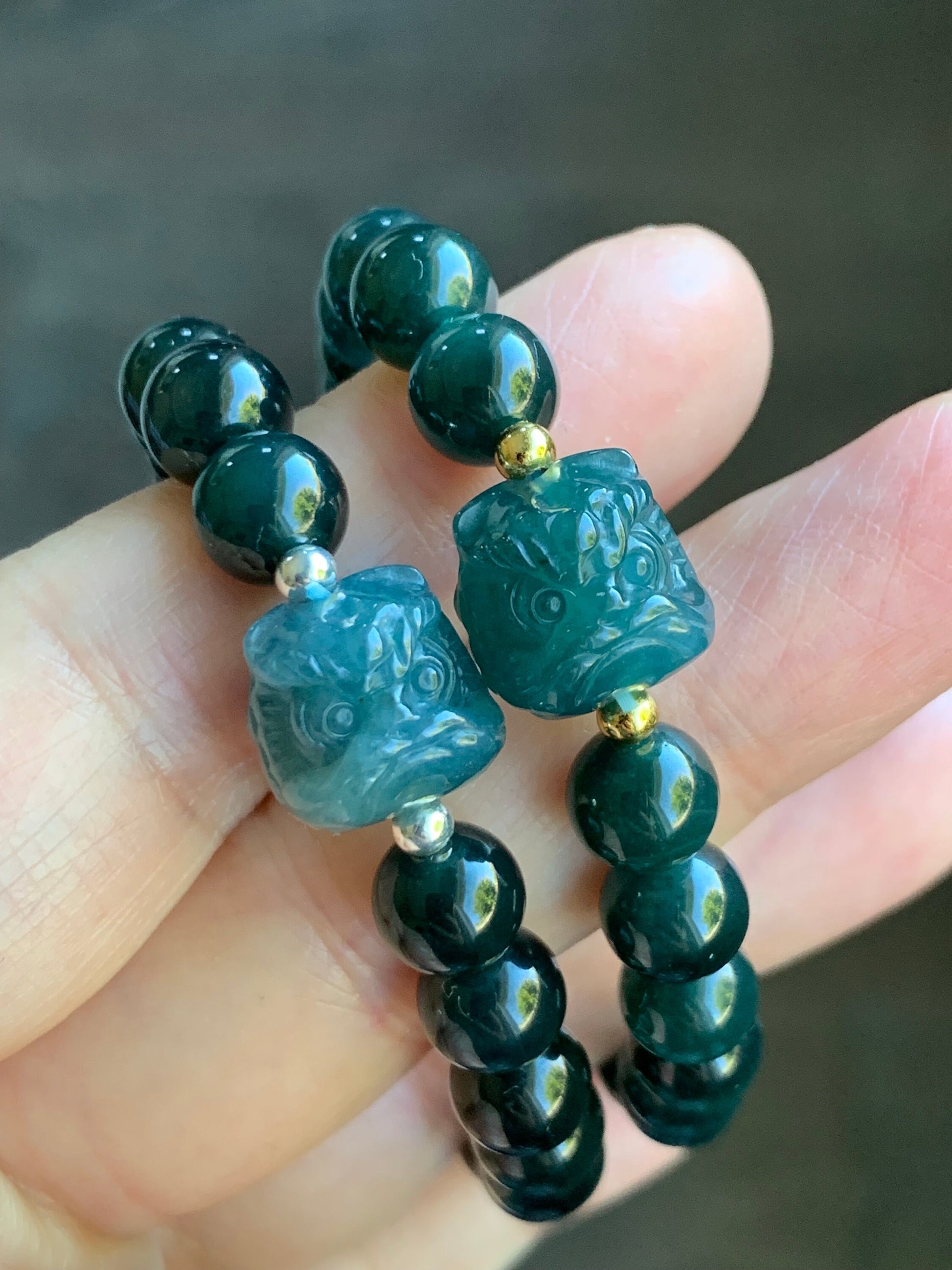 Natural Guatemalan Icy Translucent Gelatinous Dark Teal Green Jadeite Dancing Lion Bead Beaded Bracelet 7” Sterling Silver 天然冰胶危湖水绿翡翠醒狮珠手串