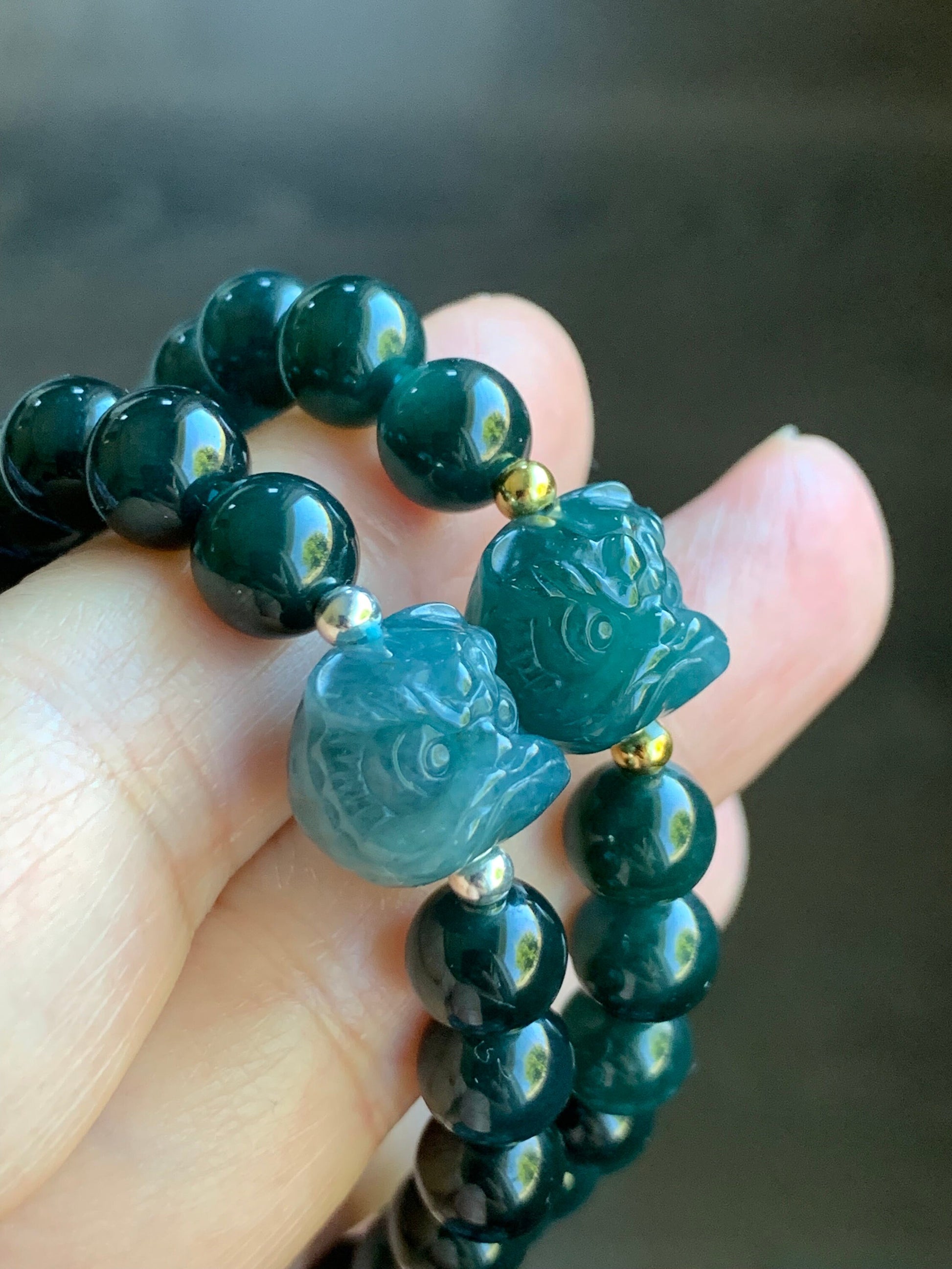 Natural Guatemalan Icy Translucent Gelatinous Dark Teal Green Jadeite Dancing Lion Bead Beaded Bracelet 7” Sterling Silver 天然冰胶危湖水绿翡翠醒狮珠手串