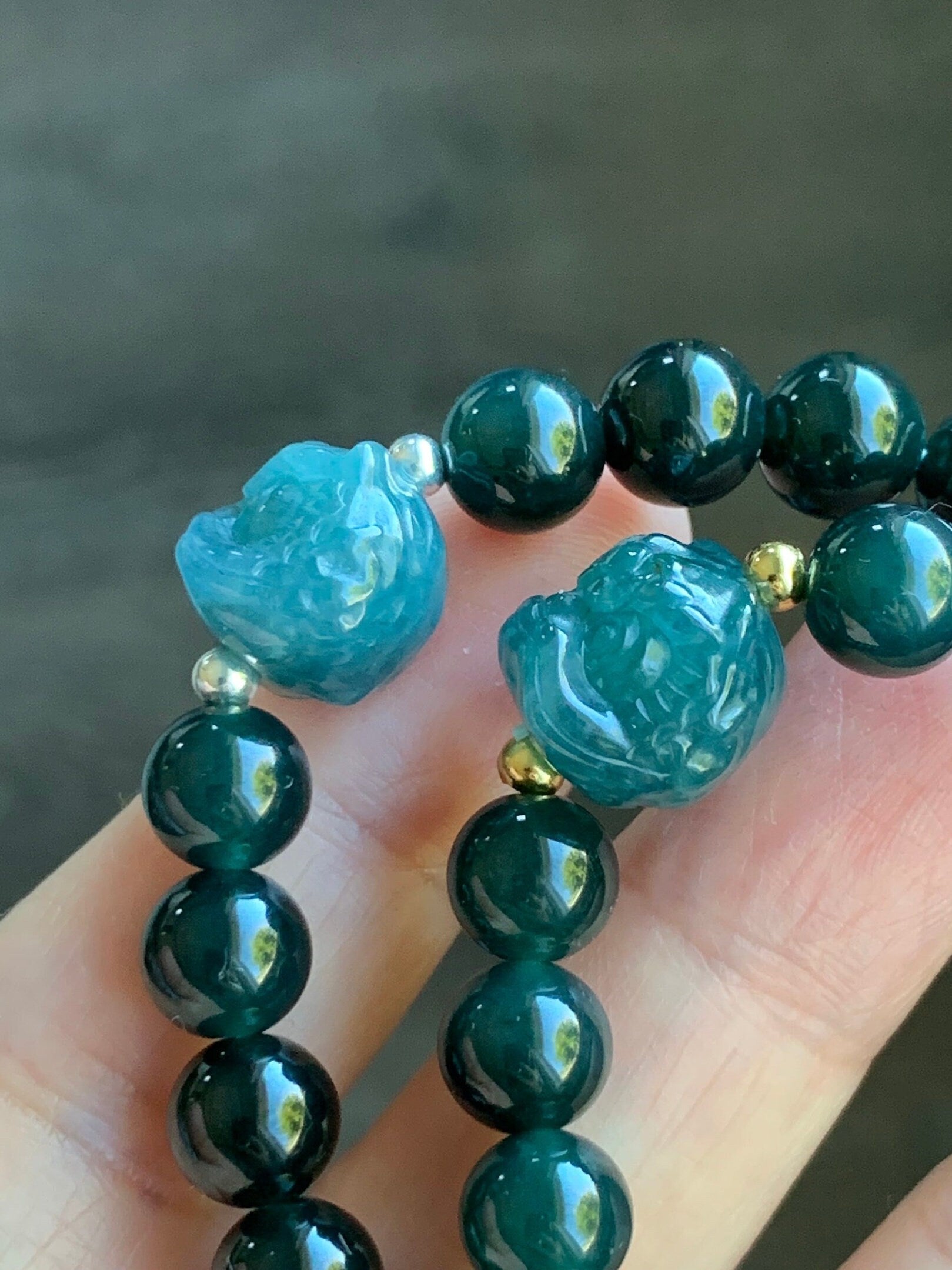 Natural Guatemalan Icy Translucent Gelatinous Dark Teal Green Jadeite Dancing Lion Bead Beaded Bracelet 7” Sterling Silver 天然冰胶危湖水绿翡翠醒狮珠手串