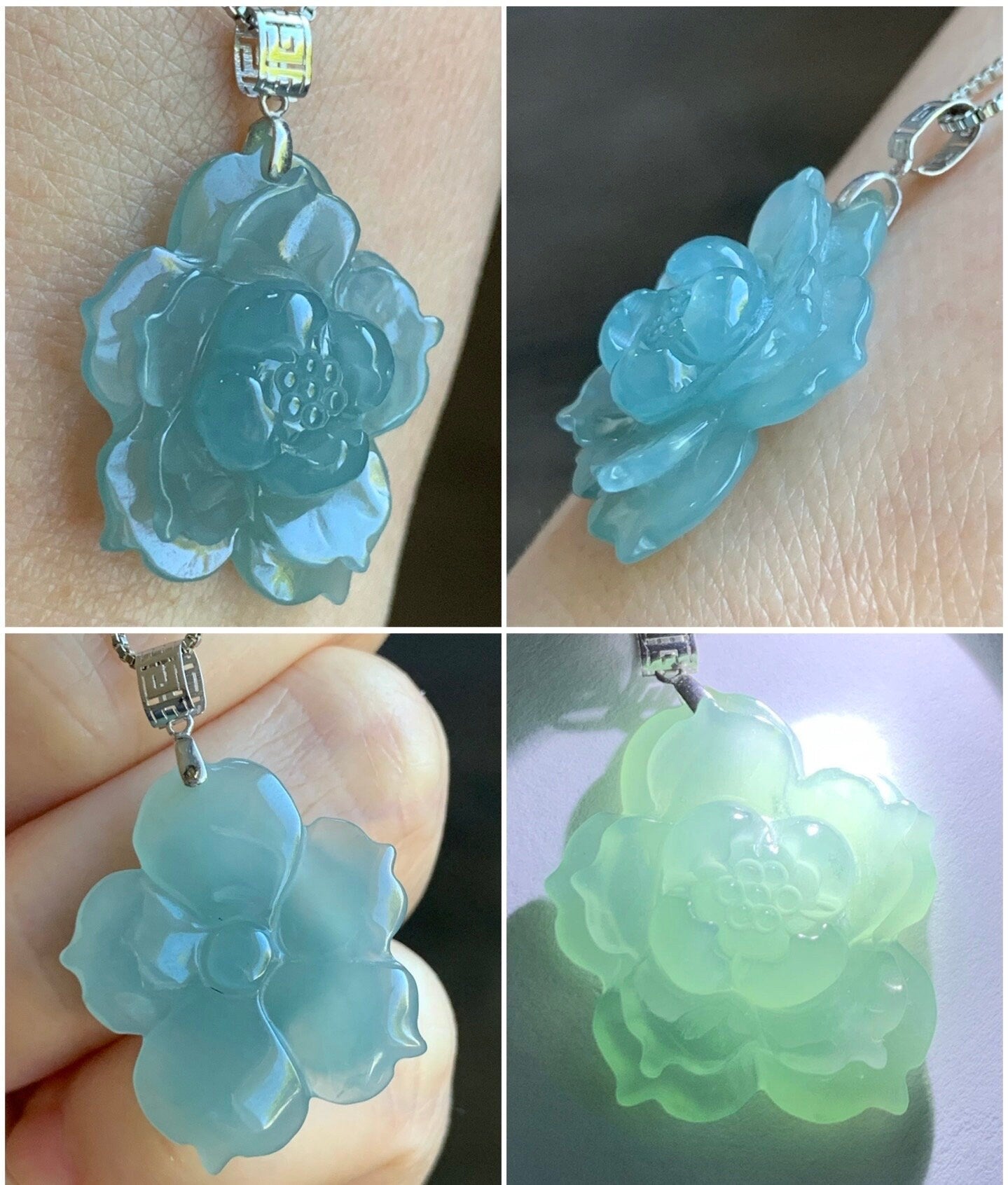 Natural Guatemalan Icy Highly Translucent Icy Light Blue Jadeite Carved 3D Lotus Flower Pendant 18K White Gold Bail 天然冰危淡蓝翡翠精工雕莲花镶嵌吊坠