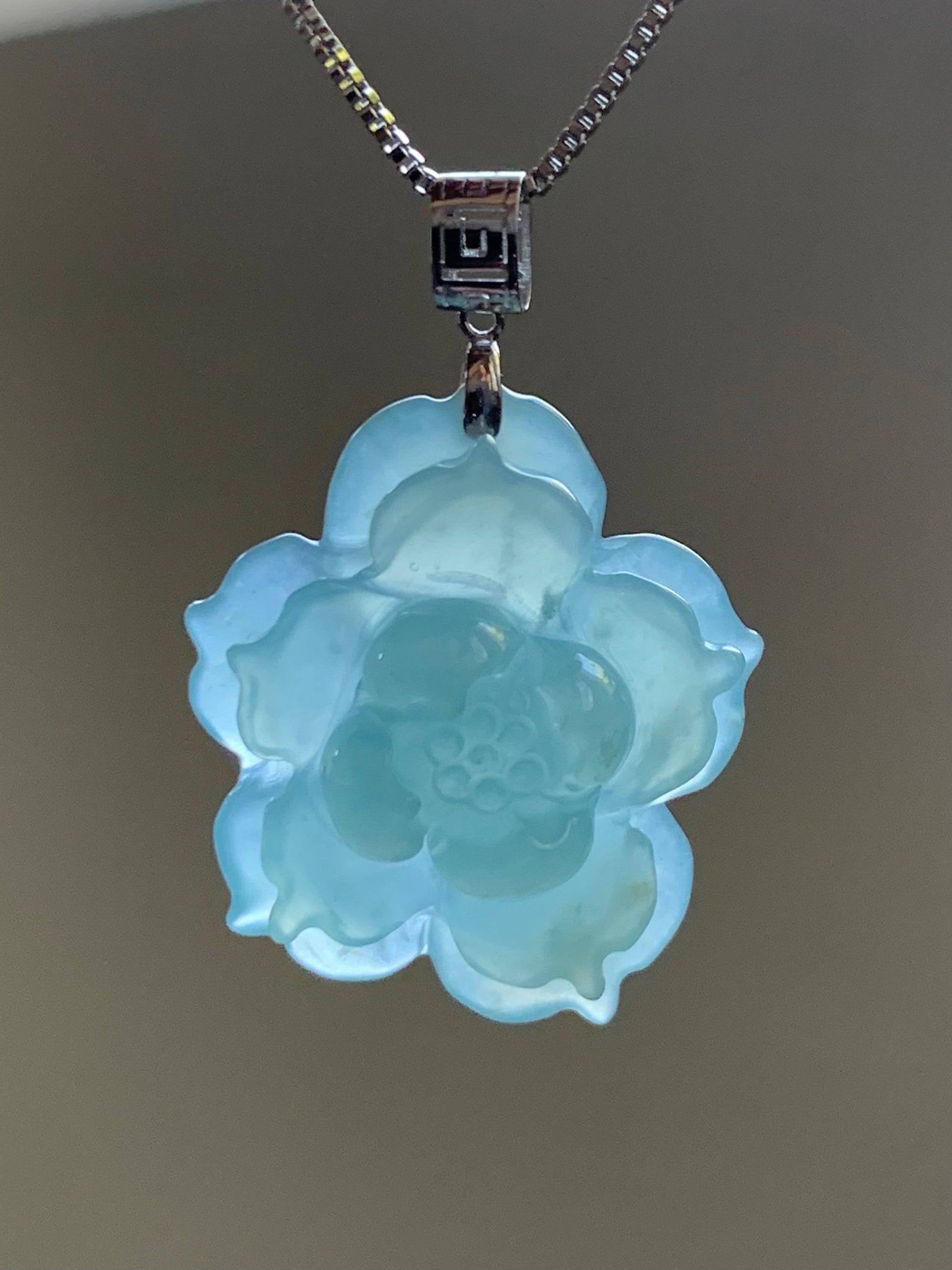 Natural Guatemalan Icy Highly Translucent Icy Light Blue Jadeite Carved 3D Lotus Flower Pendant 18K White Gold Bail 天然冰危淡蓝翡翠精工雕莲花镶嵌吊坠