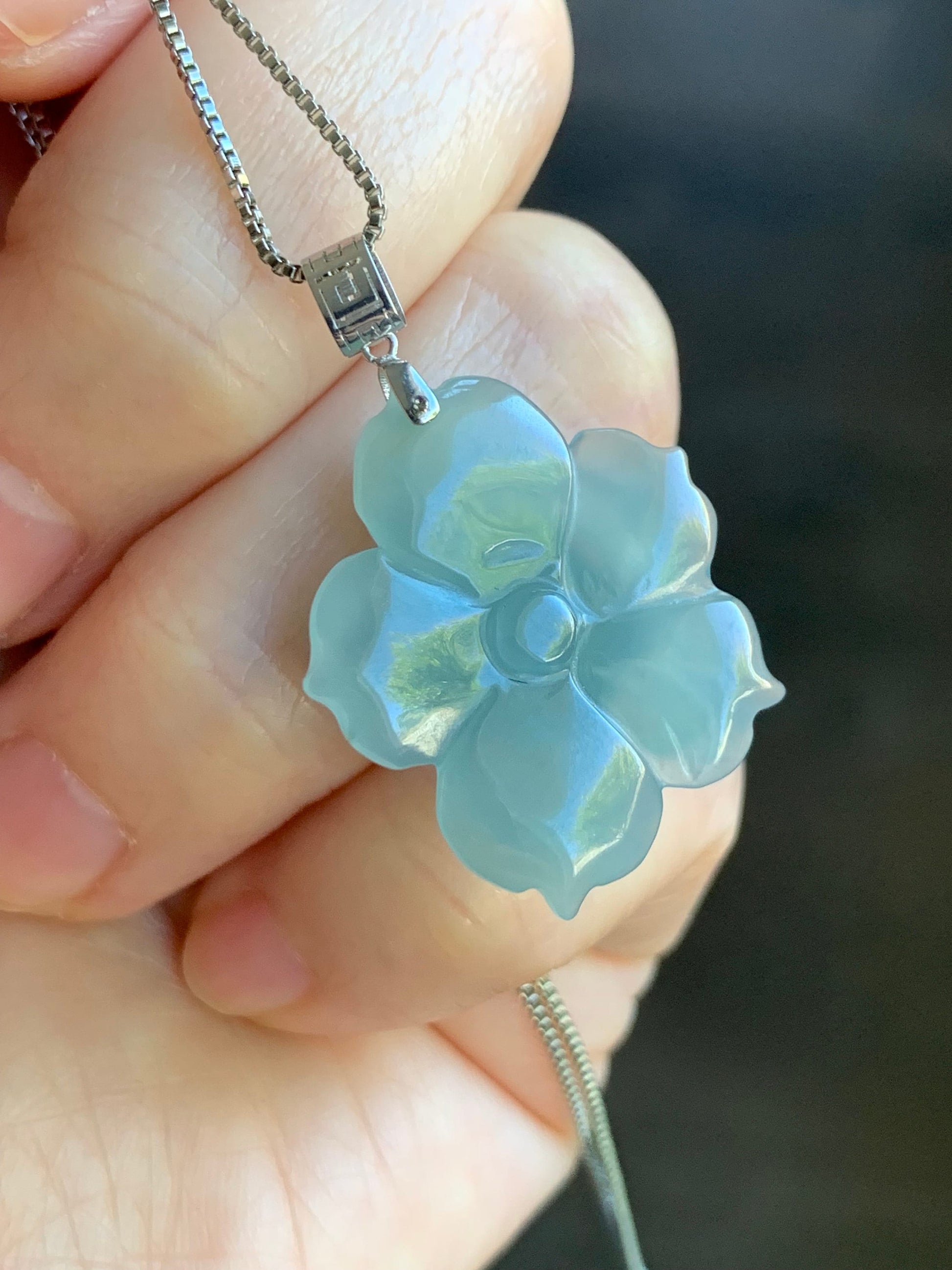 Natural Guatemalan Icy Highly Translucent Icy Light Blue Jadeite Carved 3D Lotus Flower Pendant 18K White Gold Bail 天然冰危淡蓝翡翠精工雕莲花镶嵌吊坠