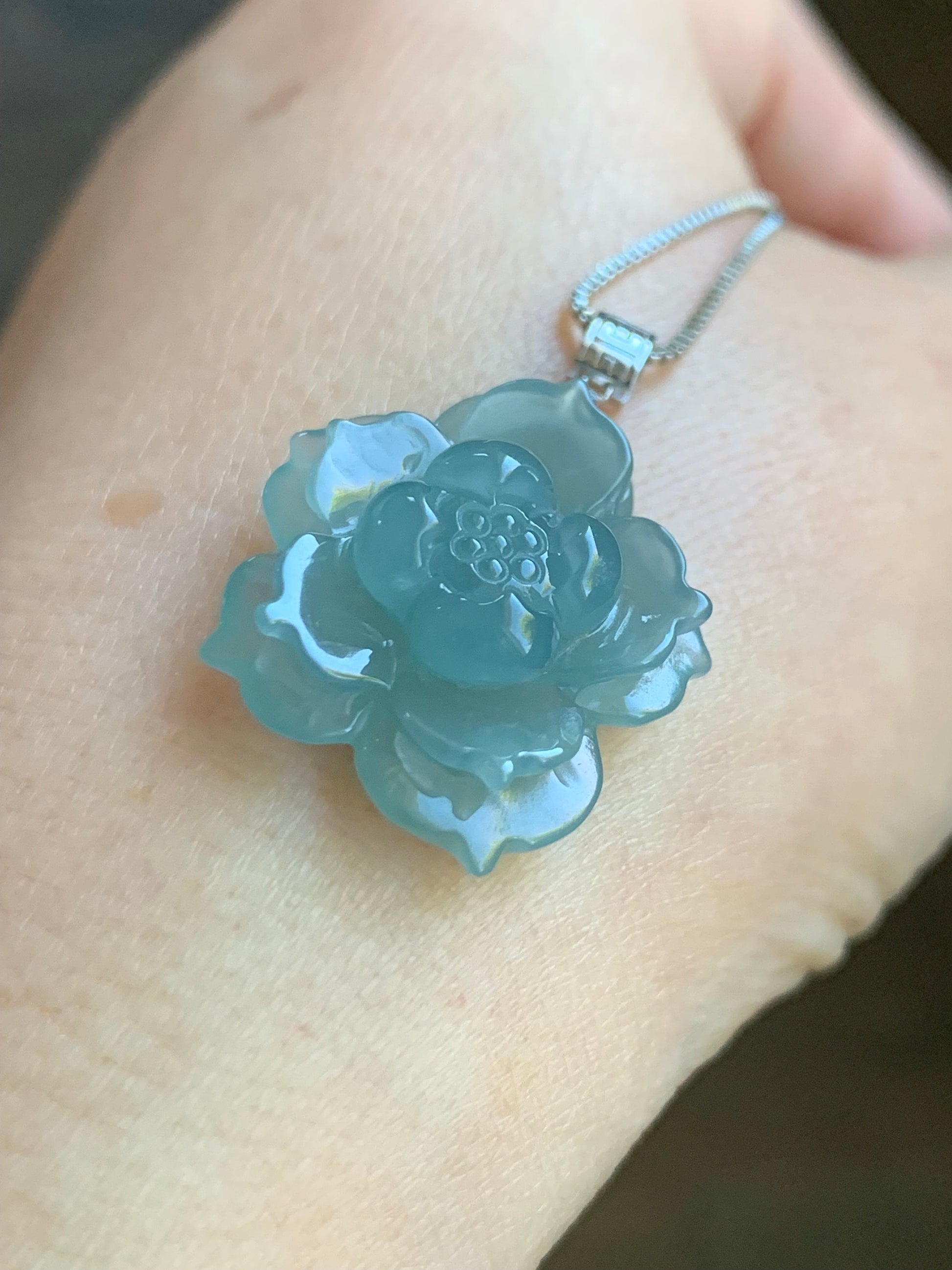 Natural Guatemalan Icy Highly Translucent Icy Light Blue Jadeite Carved 3D Lotus Flower Pendant 18K White Gold Bail 天然冰危淡蓝翡翠精工雕莲花镶嵌吊坠