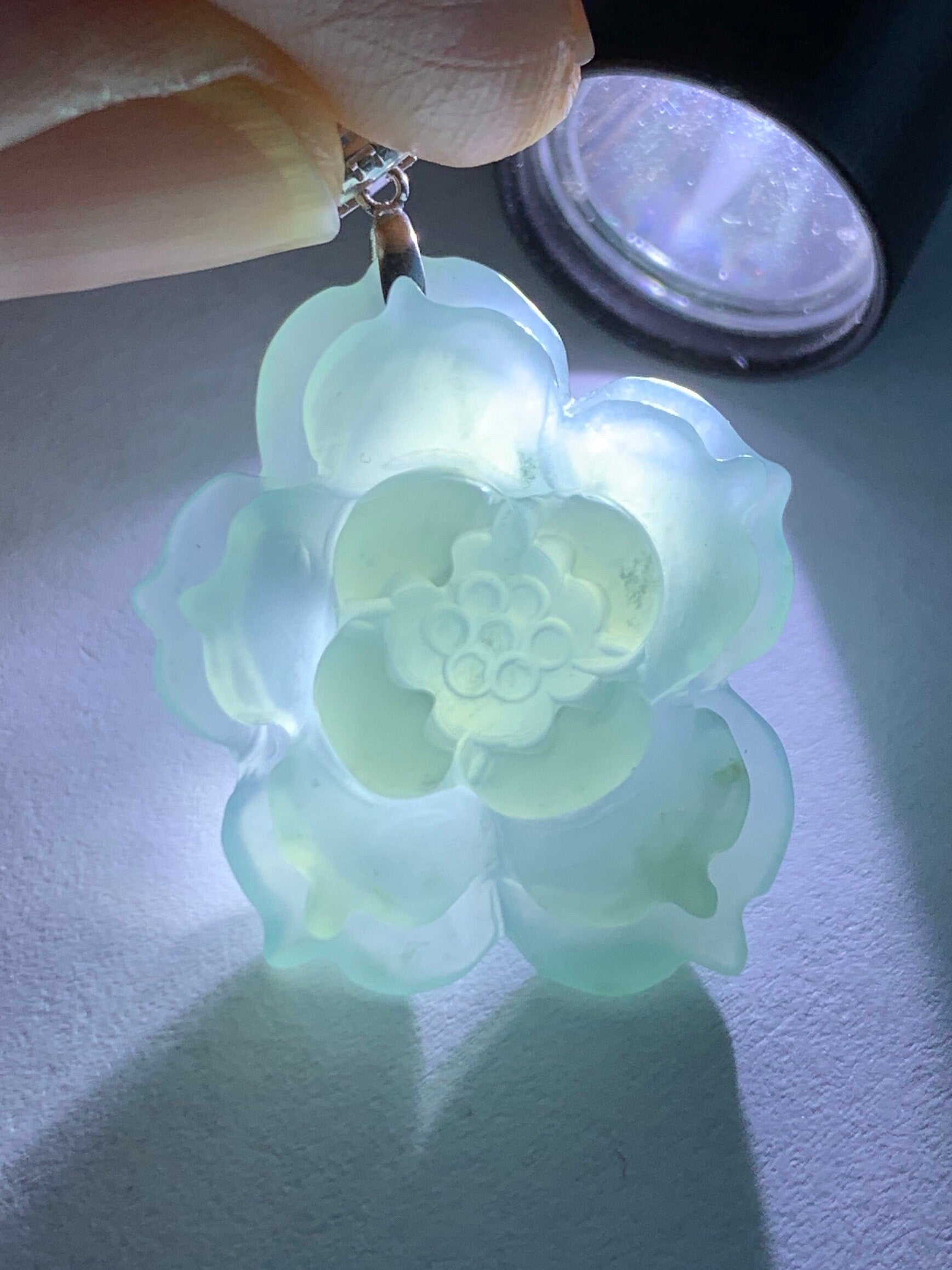Natural Guatemalan Icy Highly Translucent Icy Light Blue Jadeite Carved 3D Lotus Flower Pendant 18K White Gold Bail 天然冰危淡蓝翡翠精工雕莲花镶嵌吊坠