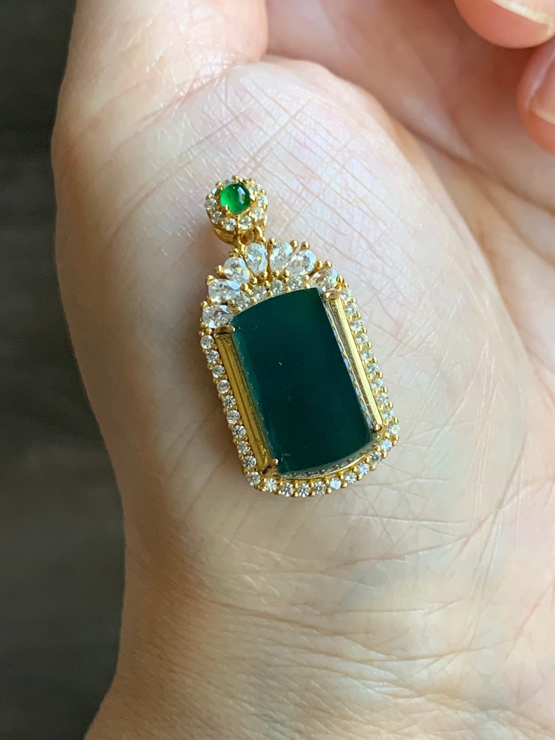 Certified Natural Guatemalan Icy Translucent Dark Teal Blue Jadeite Wu Shi Pai Pendant Sterling Silver Yellow Gold Finish 天然冰危老蓝水翡翠无事牌镶嵌吊坠