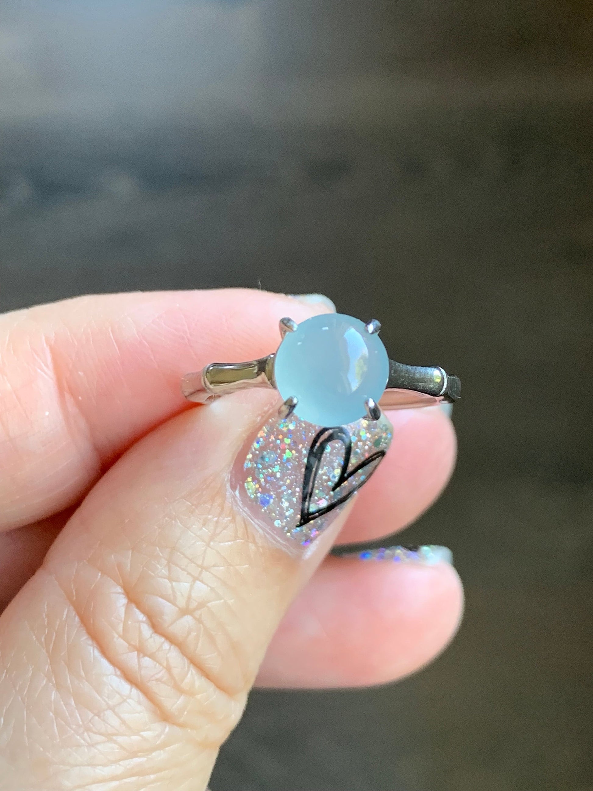 Natural Guatemalan Icy Translucent Pale Blue Jadeite Round Solitaire Bamboo Ring Sterling Silver Size 7 Adjustable 天然冰危淡蓝翡翠蛋面银镶戒指 WZJ70
