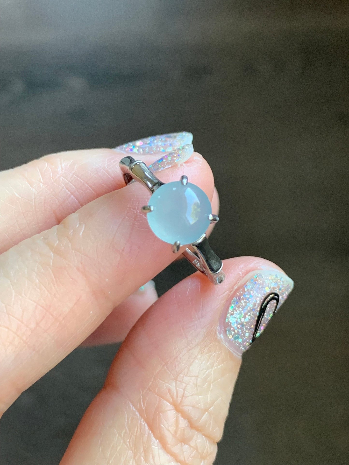 Natural Guatemalan Icy Translucent Pale Blue Jadeite Round Solitaire Bamboo Ring Sterling Silver Size 7 Adjustable 天然冰危淡蓝翡翠蛋面银镶戒指 WZJ70