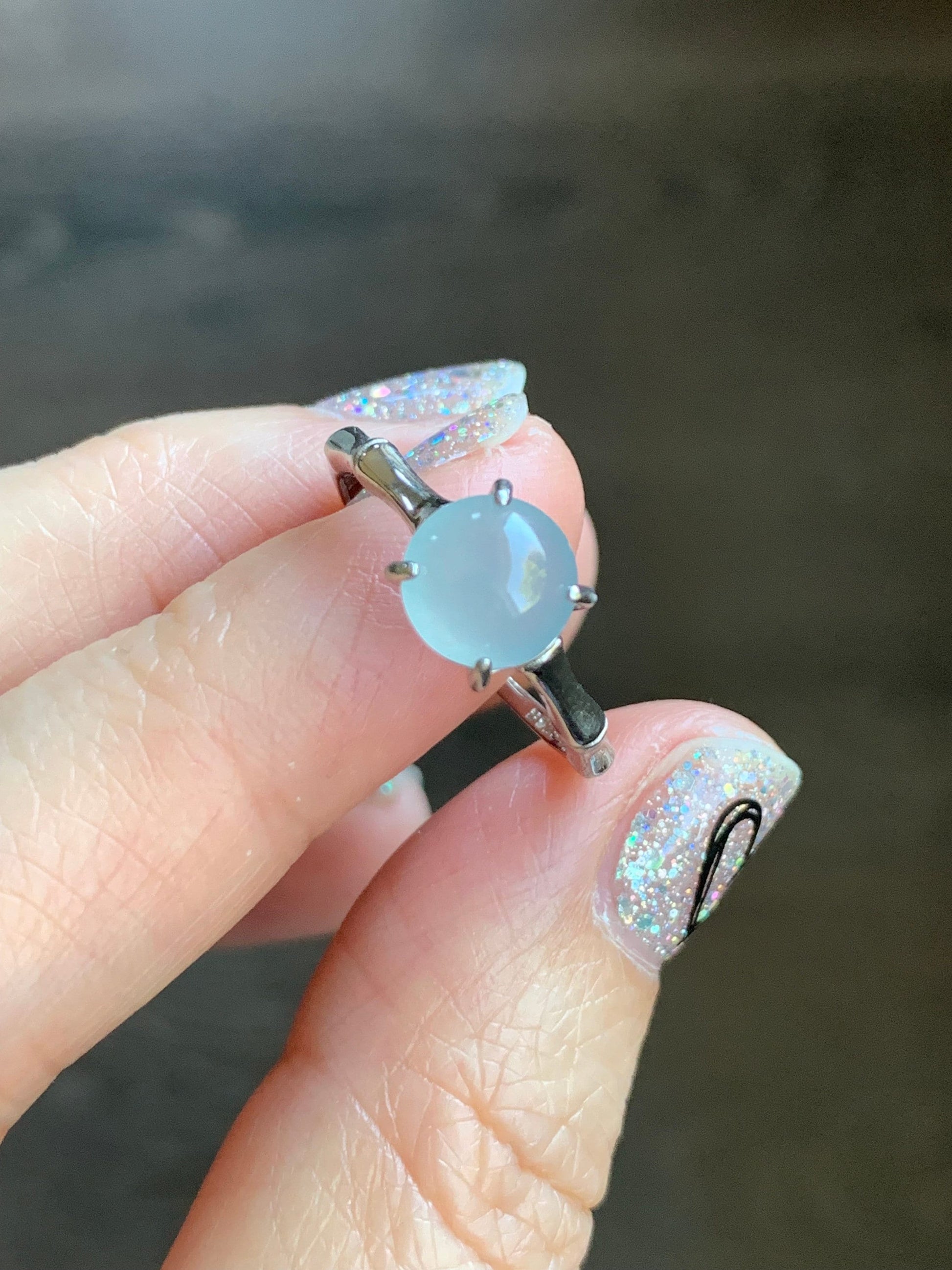 Natural Guatemalan Icy Translucent Pale Blue Jadeite Round Solitaire Bamboo Ring Sterling Silver Size 7 Adjustable 天然冰危淡蓝翡翠蛋面银镶戒指 WZJ70