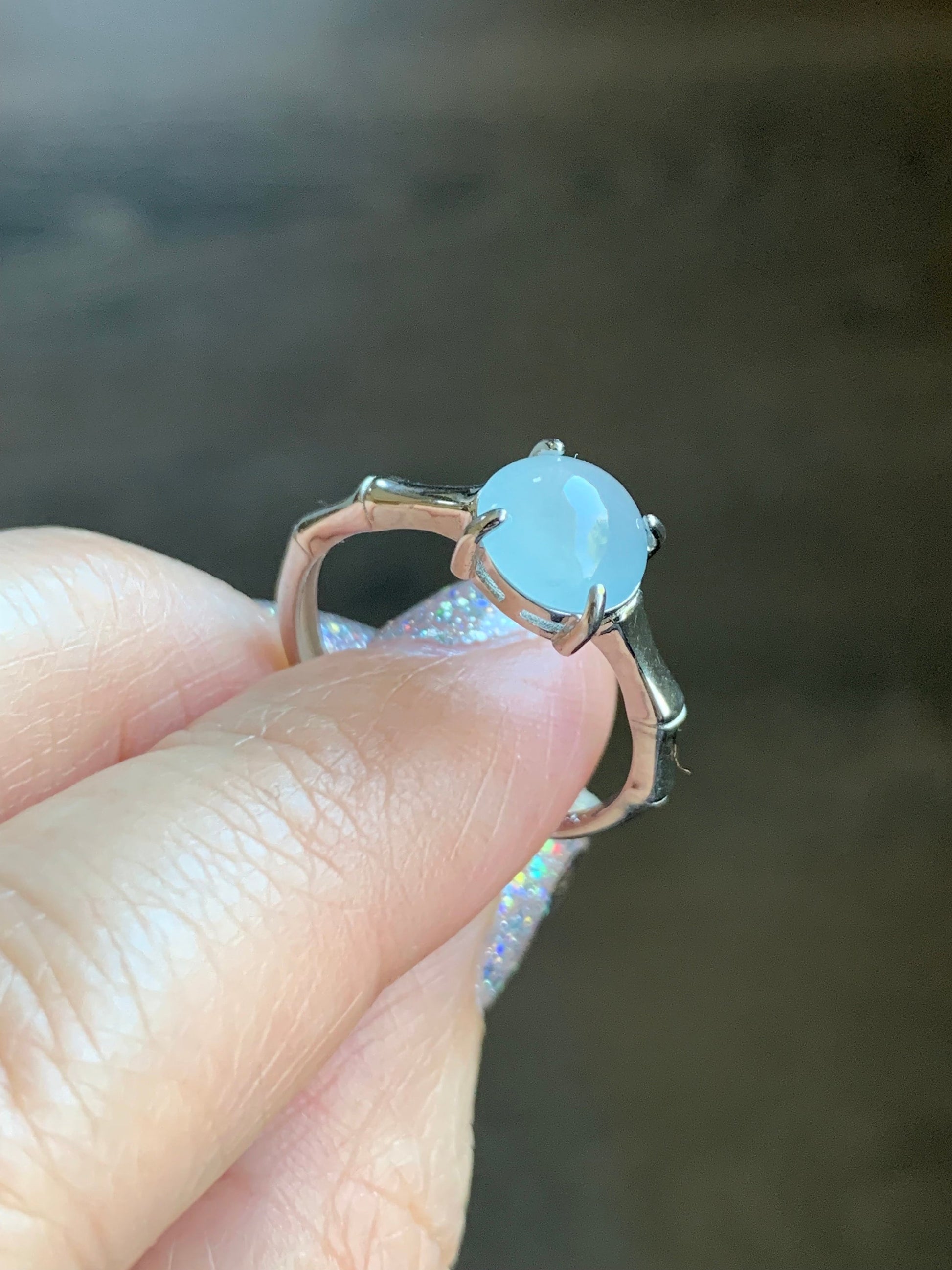 Natural Guatemalan Icy Translucent Pale Blue Jadeite Round Solitaire Bamboo Ring Sterling Silver Size 7 Adjustable 天然冰危淡蓝翡翠蛋面银镶戒指 WZJ70