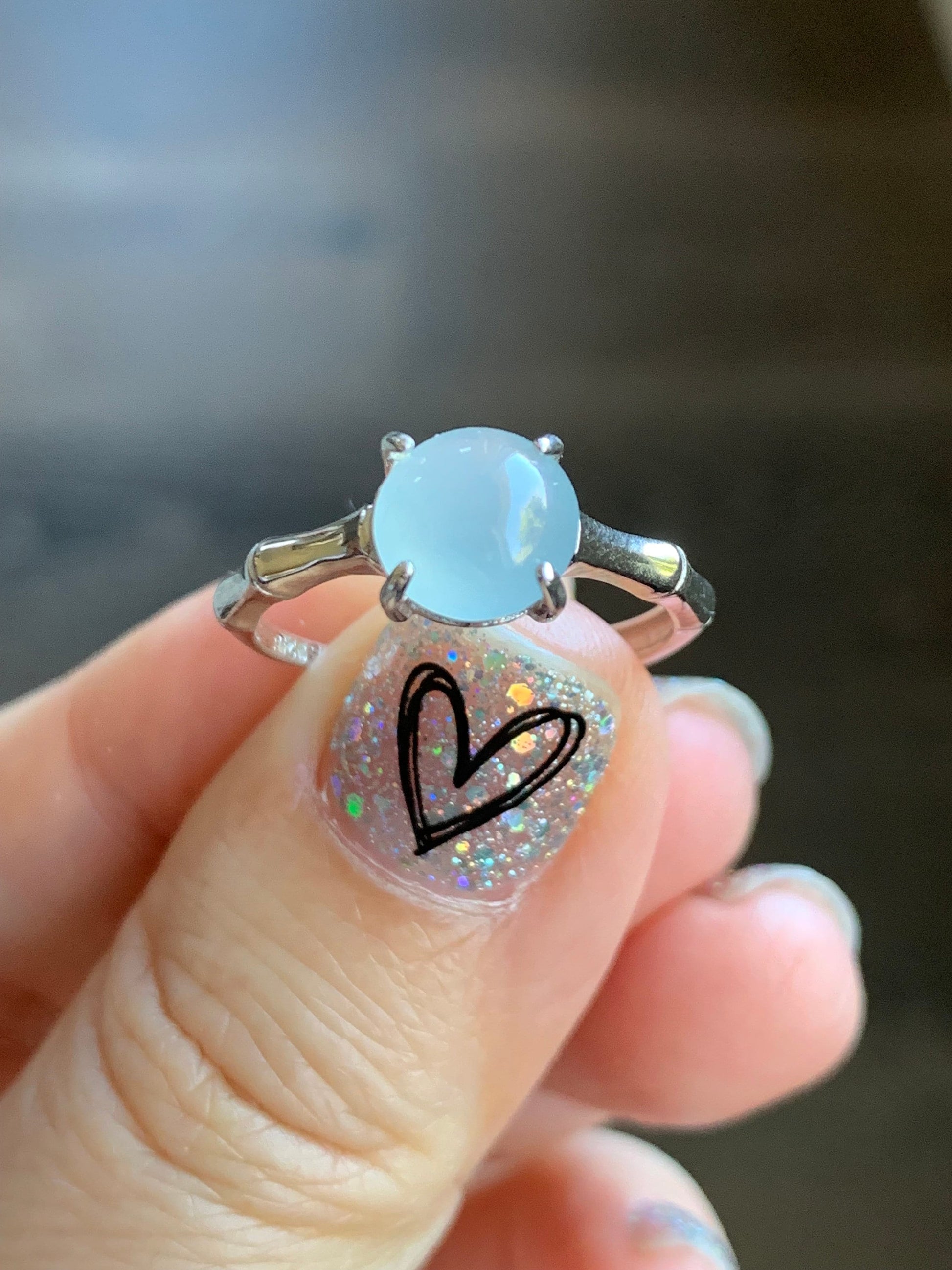 Natural Guatemalan Icy Translucent Pale Blue Jadeite Round Solitaire Bamboo Ring Sterling Silver Size 7 Adjustable 天然冰危淡蓝翡翠蛋面银镶戒指 WZJ70