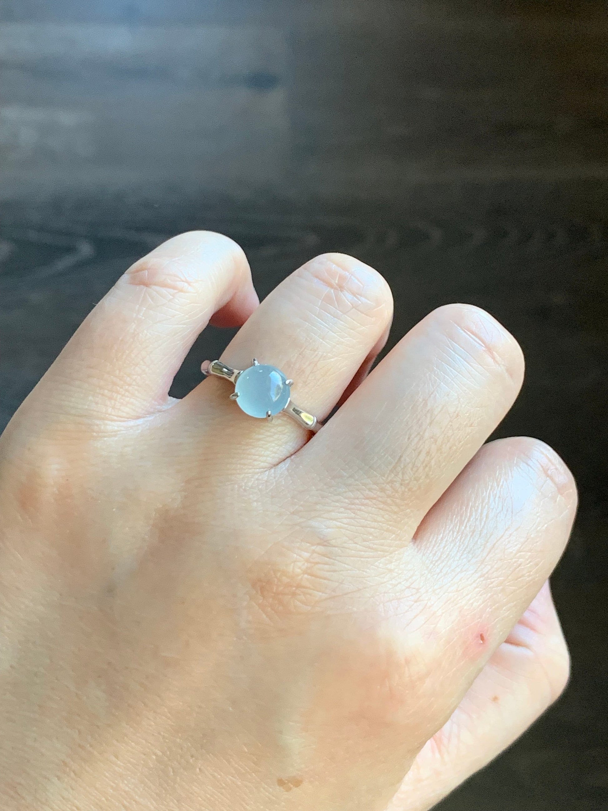 Natural Guatemalan Icy Translucent Pale Blue Jadeite Round Solitaire Bamboo Ring Sterling Silver Size 7 Adjustable 天然冰危淡蓝翡翠蛋面银镶戒指 WZJ70