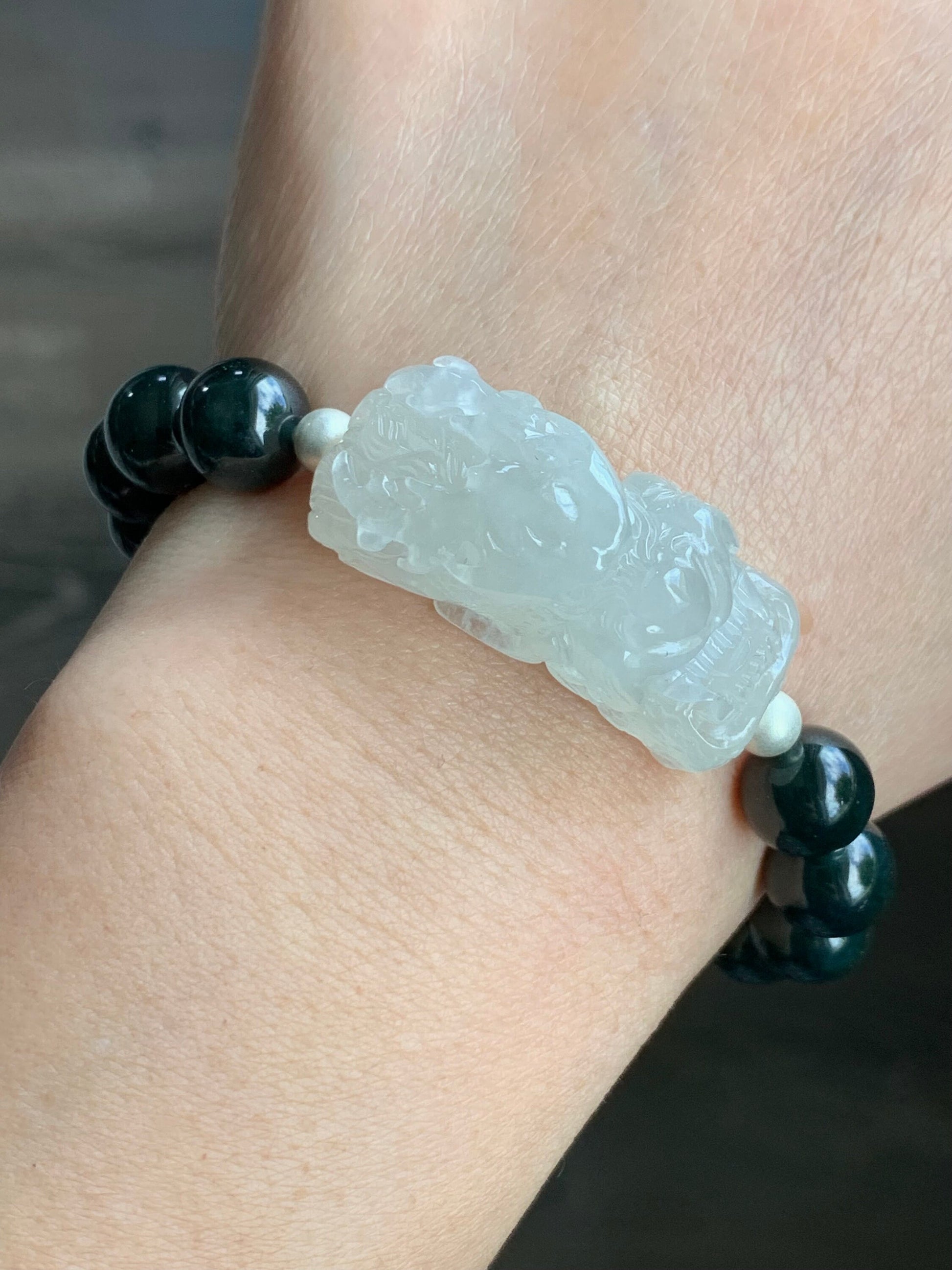Certified Natural Burmese Icy Translucent Gelatinous Jadeite Dragon Cuff Dark Teal Green Beads Beaded Bracelet 7.25” 40g 天然缅甸冰胶翡翠龙牌手牌深危绿手串