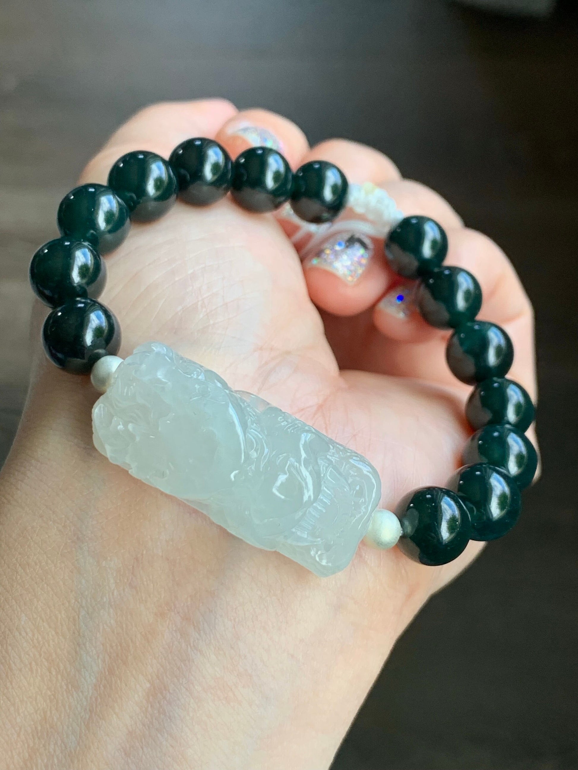 Certified Natural Burmese Icy Translucent Gelatinous Jadeite Dragon Cuff Dark Teal Green Beads Beaded Bracelet 7.25” 40g 天然缅甸冰胶翡翠龙牌手牌深危绿手串