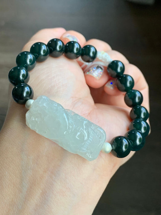 Certified Natural Burmese Icy Translucent Gelatinous Jadeite Dragon Cuff Dark Teal Green Beads Beaded Bracelet 7.25” 40g 天然缅甸冰胶翡翠龙牌手牌深危绿手串