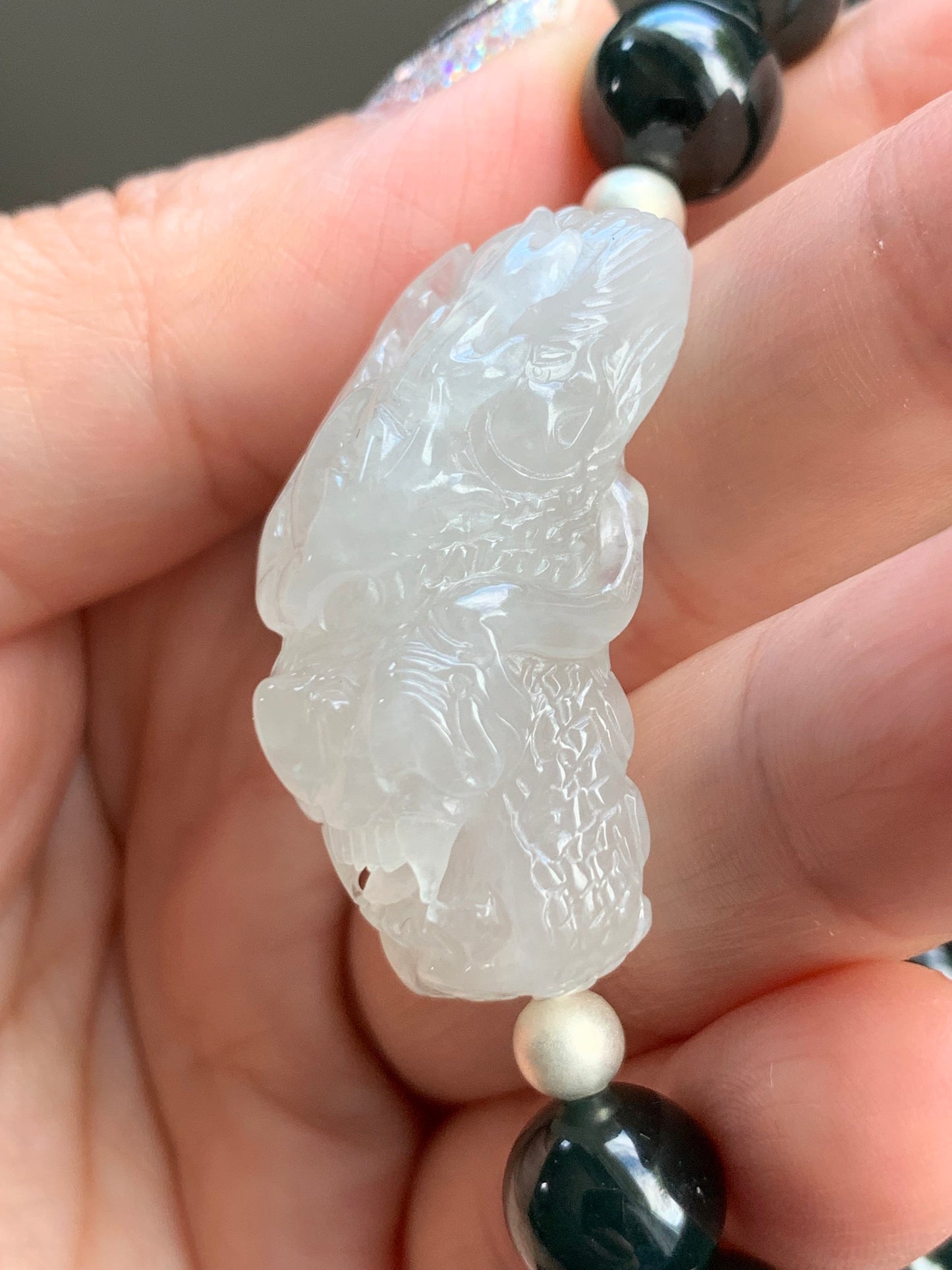 Certified Natural Burmese Icy Translucent Gelatinous Jadeite Dragon Cuff Dark Teal Green Beads Beaded Bracelet 7.25” 40g 天然缅甸冰胶翡翠龙牌手牌深危绿手串