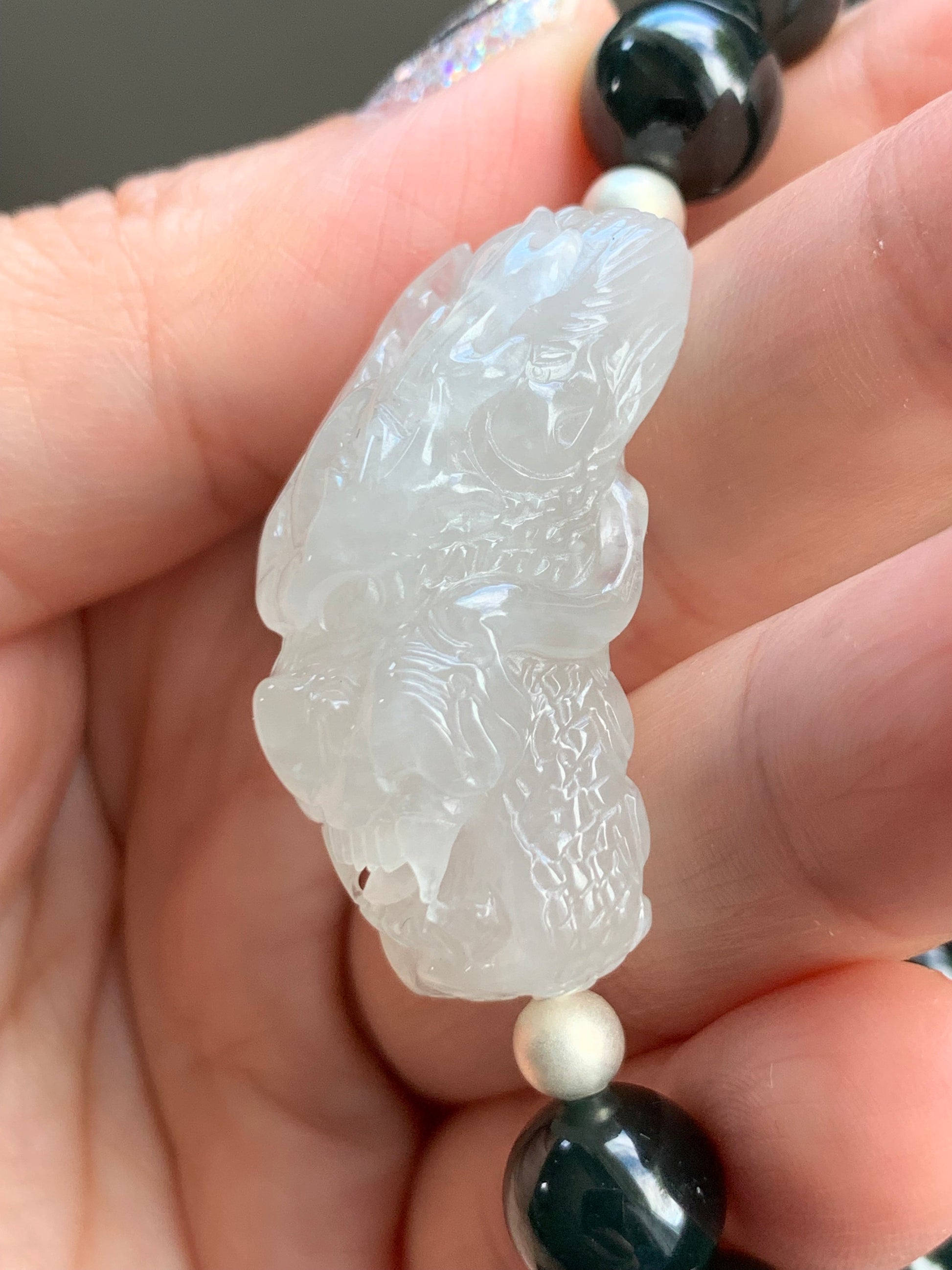 Certified Natural Burmese Icy Translucent Gelatinous Jadeite Dragon Cuff Dark Teal Green Beads Beaded Bracelet 7.25” 40g 天然缅甸冰胶翡翠龙牌手牌深危绿手串