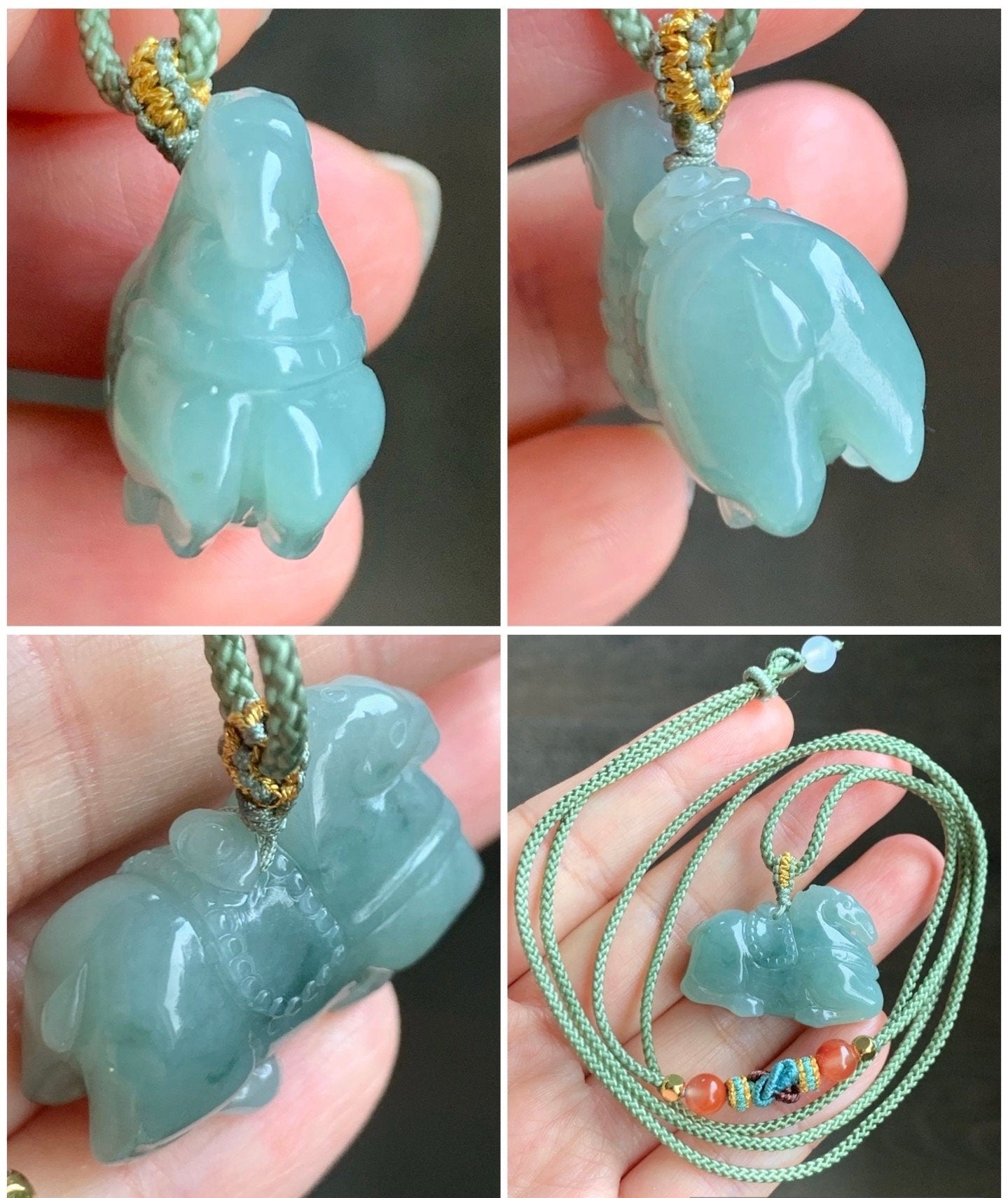 Natural Burmese Icy Translucent Gelatinous Light Green Jadeite w/ Dark Green Marbling Tang Horse Pendant Rope Necklace 天然缅甸冰胶晴底飘花翡翠唐马吊坠 B