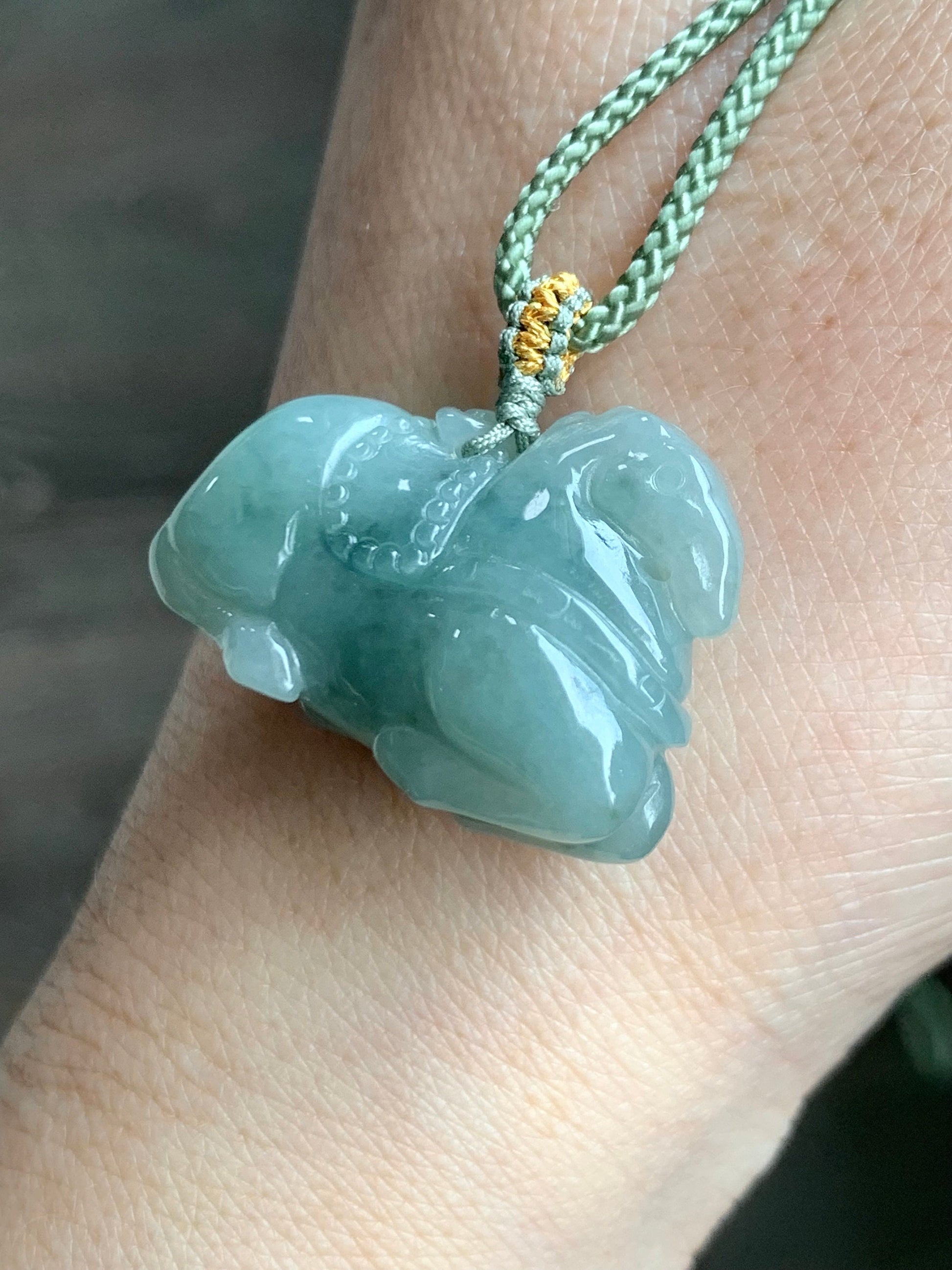 Natural Burmese Icy Translucent Gelatinous Light Green Jadeite w/ Dark Green Marbling Tang Horse Pendant Rope Necklace 天然缅甸冰胶晴底飘花翡翠唐马吊坠 B