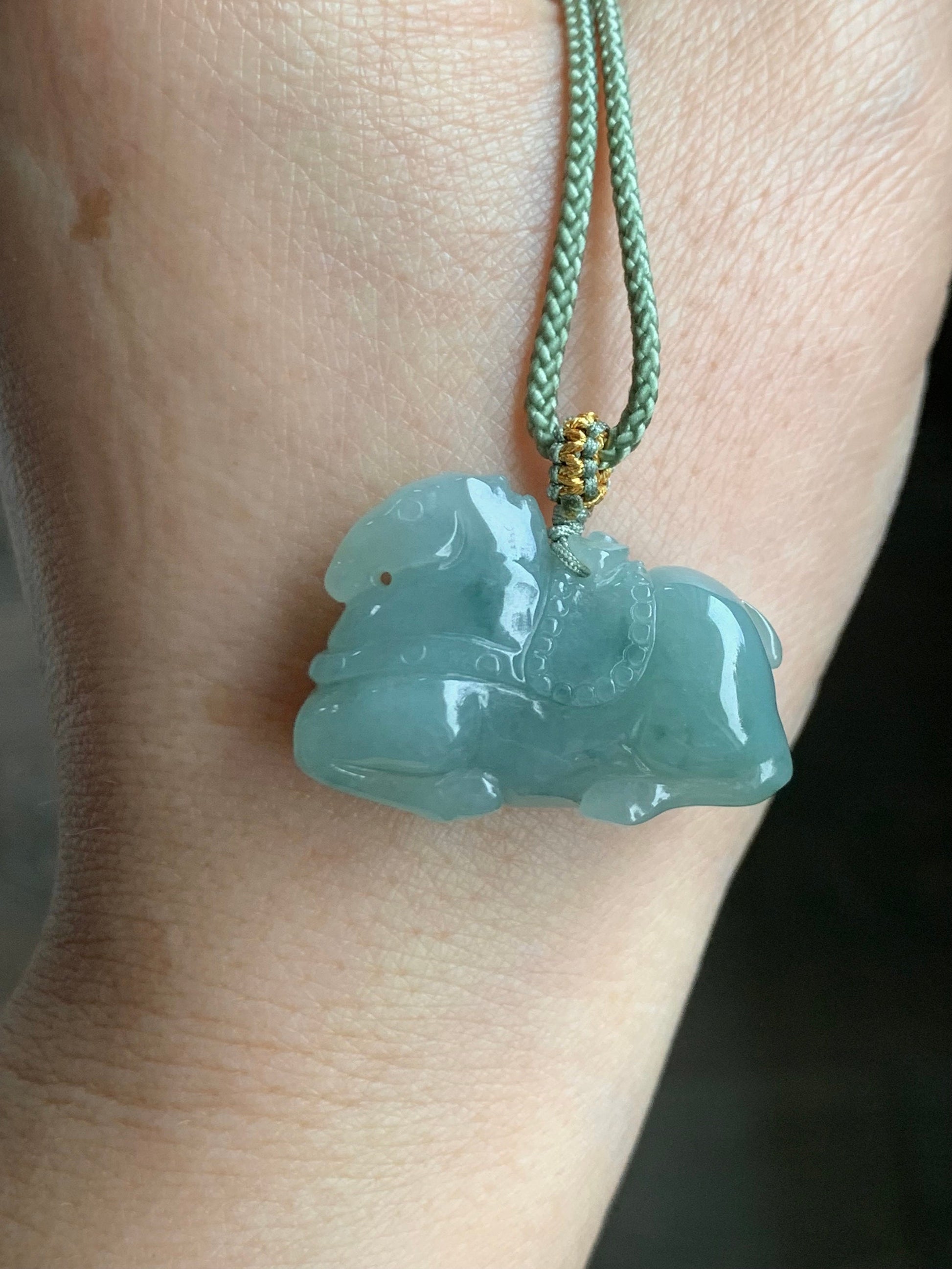 Natural Burmese Icy Translucent Gelatinous Light Green Jadeite w/ Dark Green Marbling Tang Horse Pendant Rope Necklace 天然缅甸冰胶晴底飘花翡翠唐马吊坠 B