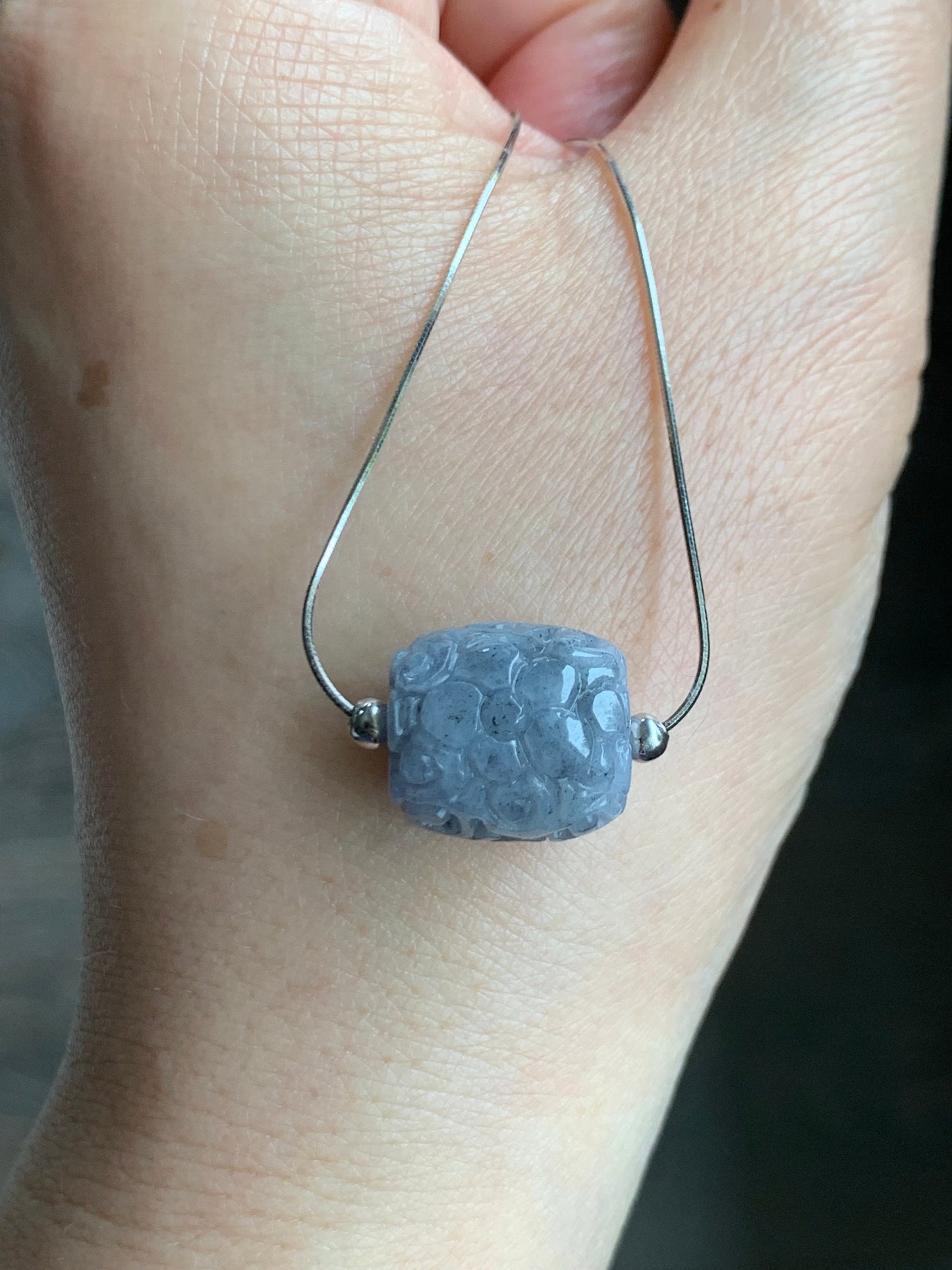 Natural Burmese Icy Translucent Wuji Jadeite Engraved LuLuTong Barrel Bead Pendant Sterling Silver Necklace 17” 天然缅甸冰胶乌鸡翡翠仿古雕路路通吊坠项链