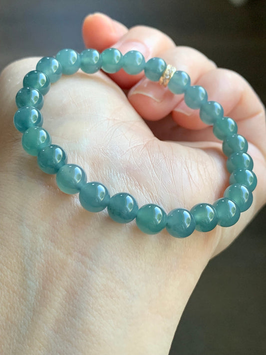 Natural Guatemalan A Graded Icy Translucent Dark Teal Blue Jadeite Beaded Bracelet 6.7mm 6.25” 14g Stretchy 天然冰危湖水蓝翡翠手串 QLLW113