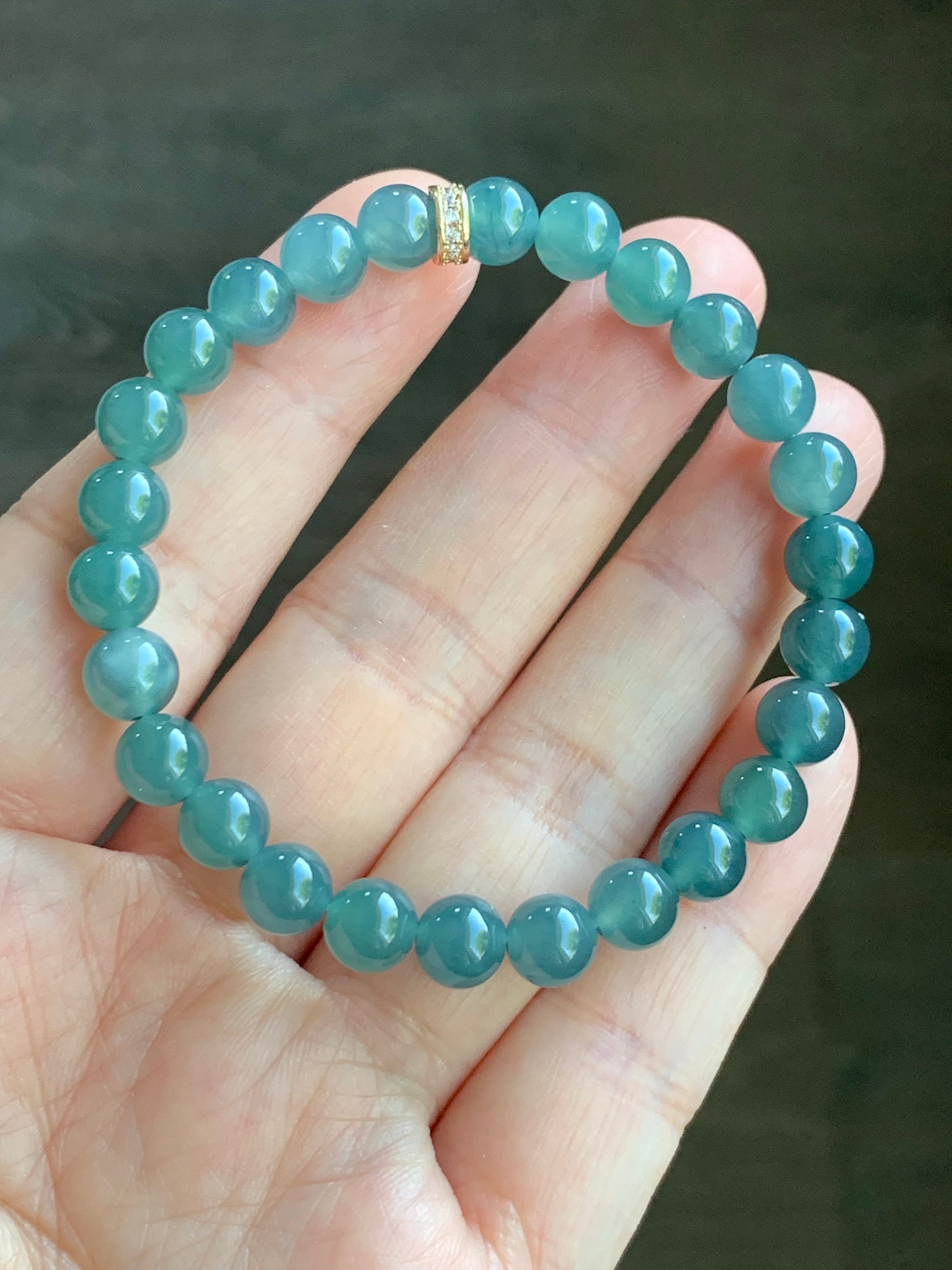 Natural Guatemalan A Graded Icy Translucent Dark Teal Blue Jadeite Beaded Bracelet 6.7mm 6.25” 14g Stretchy 天然冰危湖水蓝翡翠手串 QLLW113