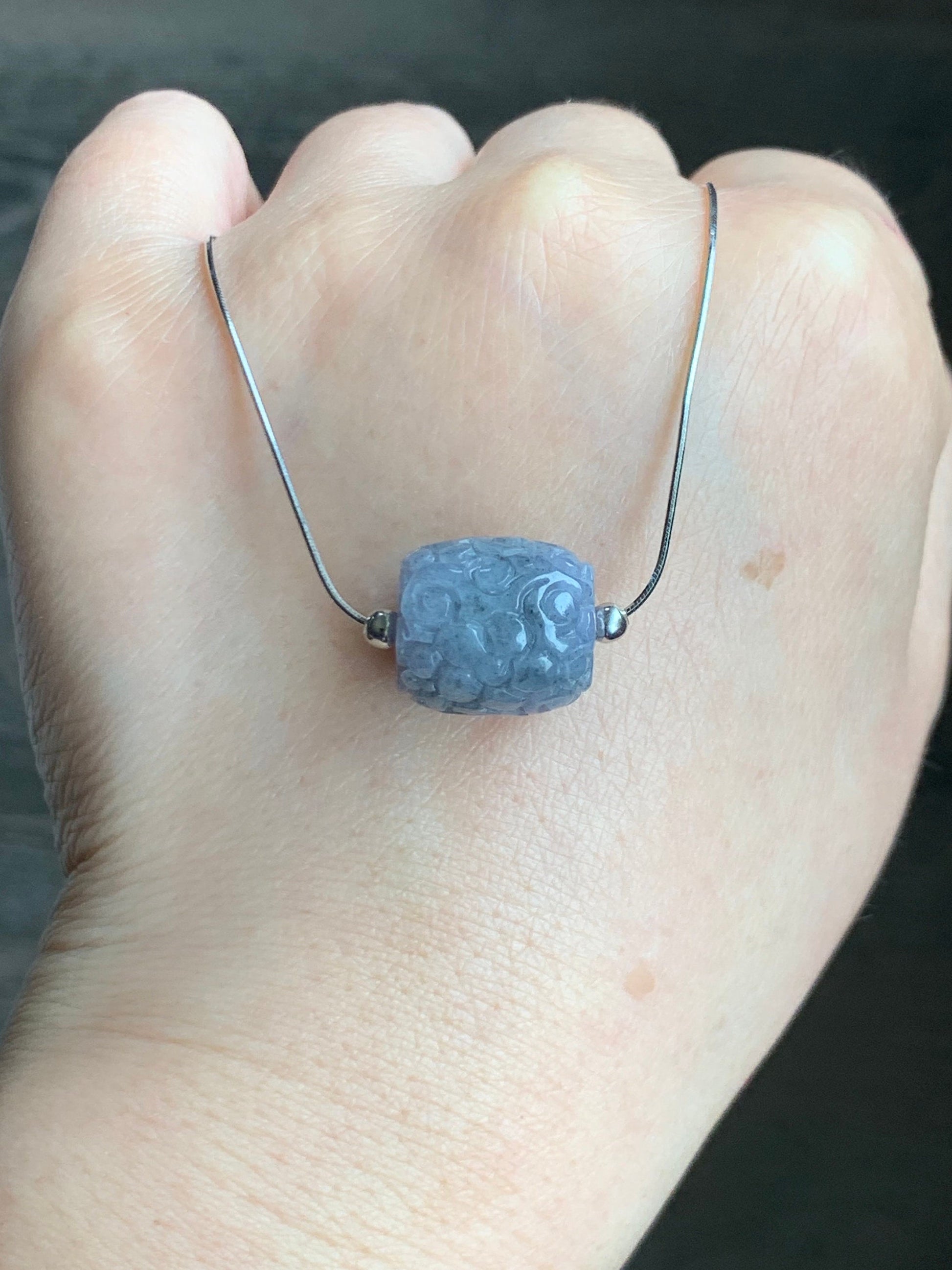 Natural Burmese Icy Translucent Wuji Jadeite Engraved LuLuTong Barrel Bead Pendant Sterling Silver Necklace 17” 天然缅甸冰胶乌鸡翡翠仿古雕路路通吊坠项链