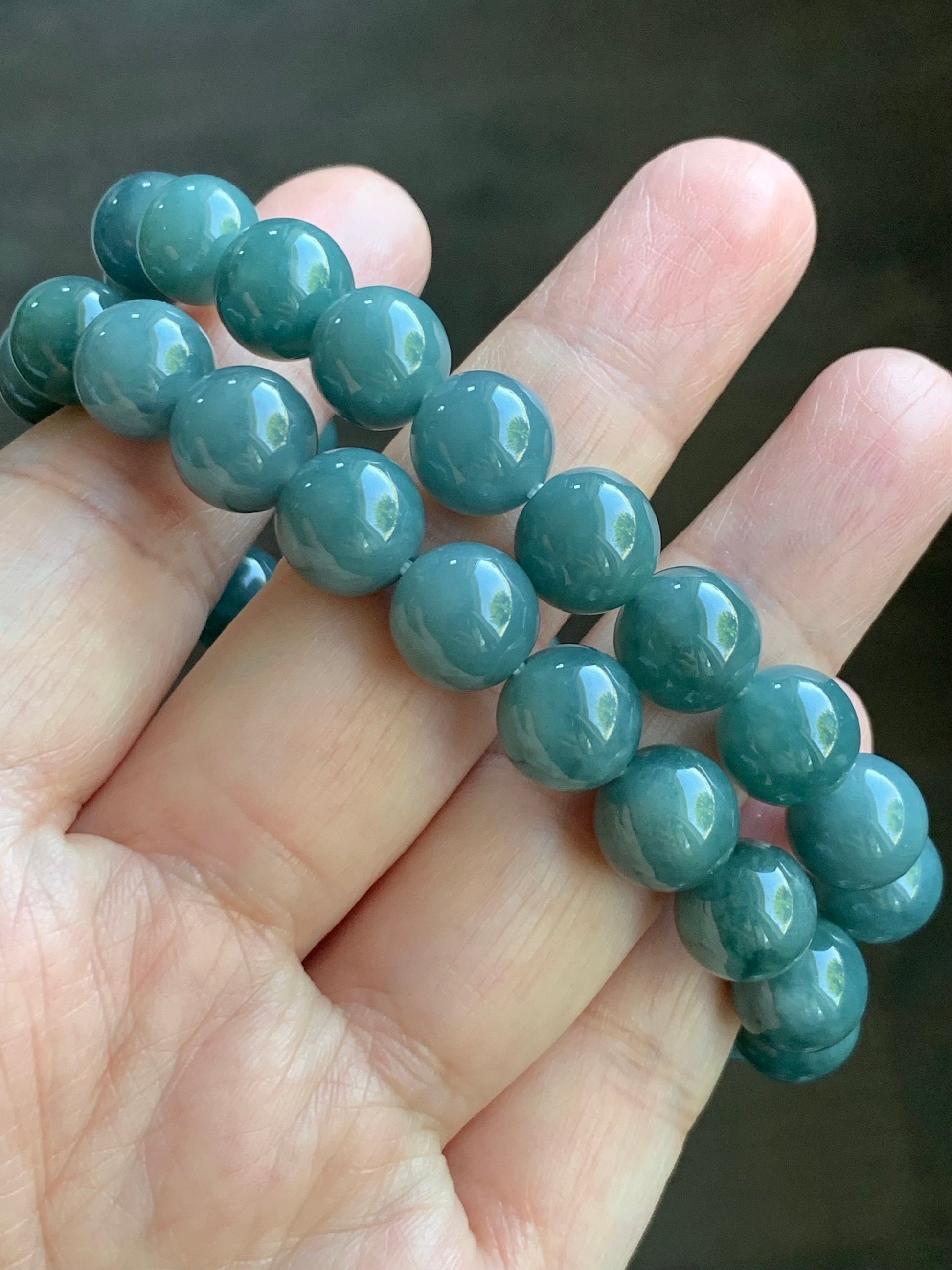 Natural Guatemalan Translucent Teal Blue Jadeite Beaded Bracelet Stretchy 9.5mm 7.25” 32g 天然冰危糯种蓝绿翡翠圆珠手串 WTB21