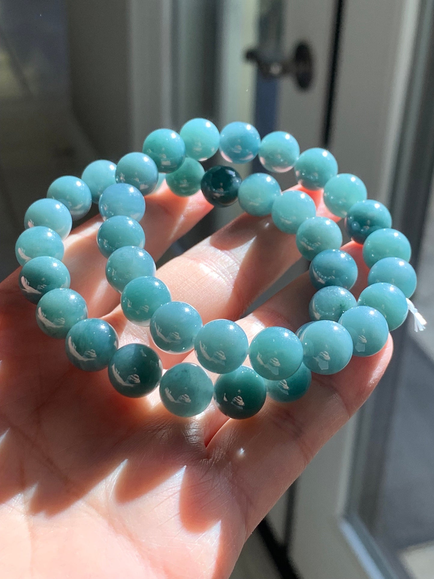 Natural Guatemalan Translucent Teal Blue Jadeite Beaded Bracelet Stretchy 9.5mm 7.25” 32g 天然冰危糯种蓝绿翡翠圆珠手串 WTB21
