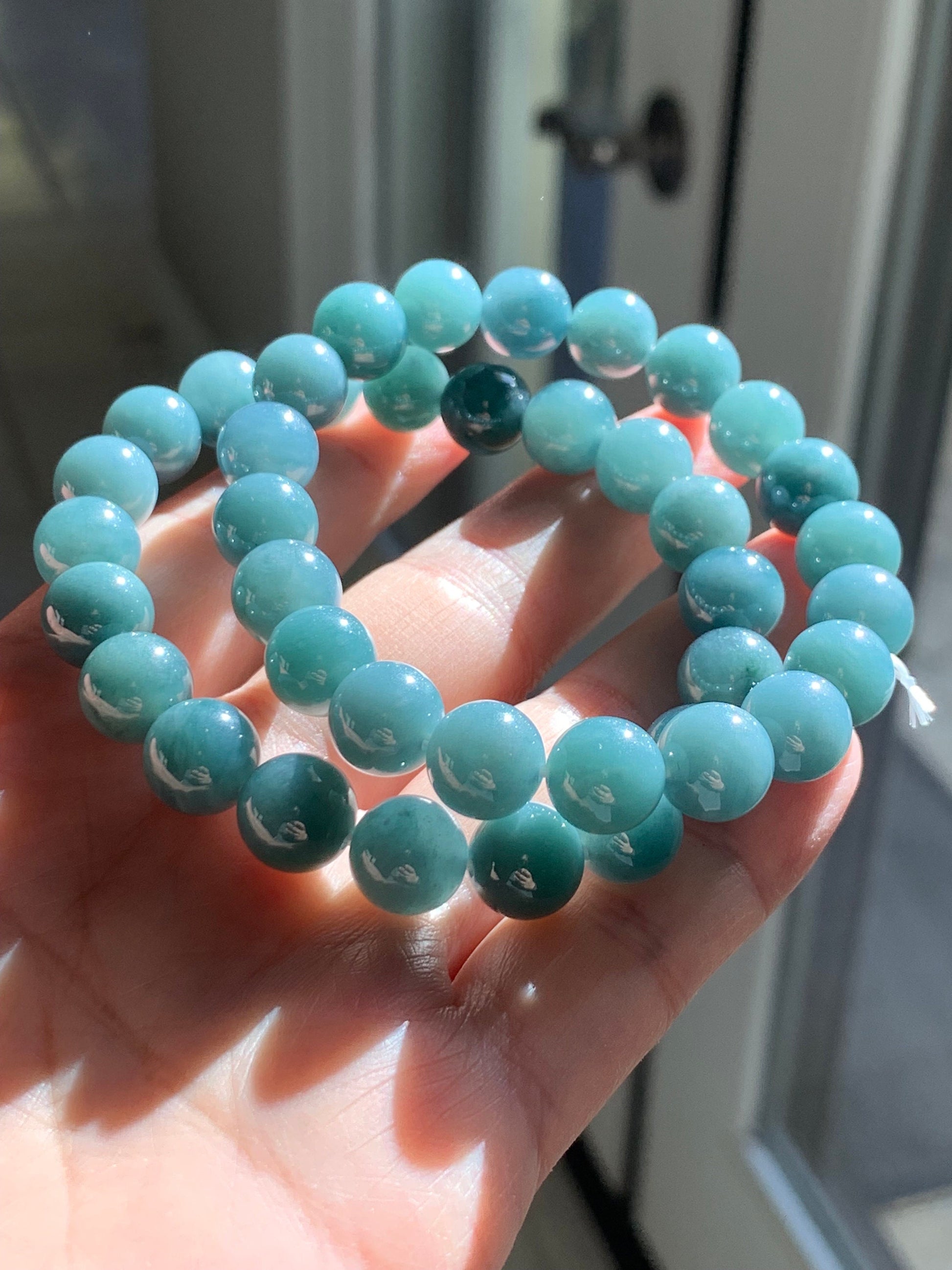 Natural Guatemalan Translucent Teal Blue Jadeite Beaded Bracelet Stretchy 9.5mm 7.25” 32g 天然冰危糯种蓝绿翡翠圆珠手串 WTB21