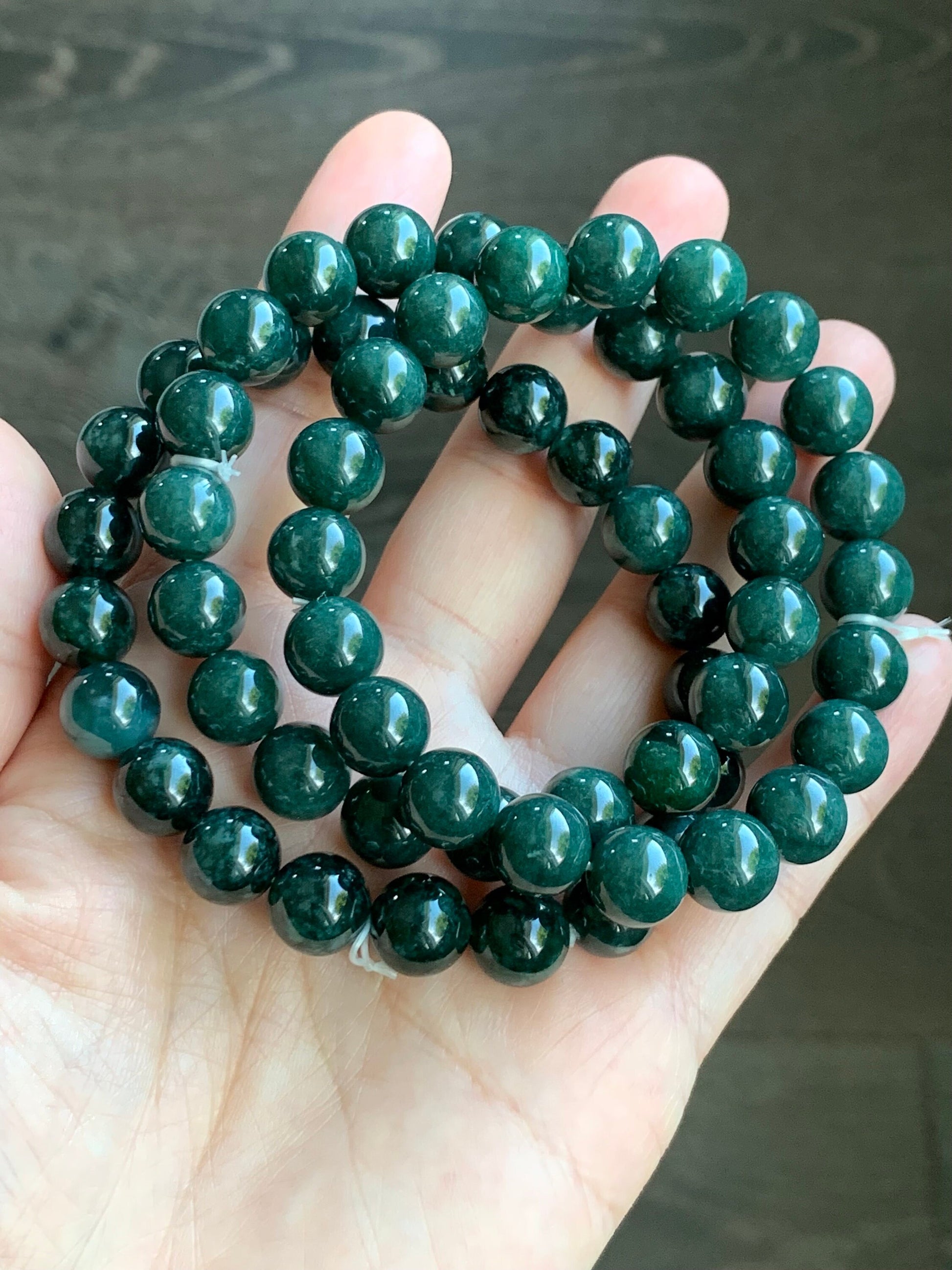 Natural Guatemalan Icy Translucent Dark Teal Green Jadeite Beaded Bracelet Stretchy 9.8mm 7.5” 33g 天然冰危糯种深绿翡翠圆珠手串 LLS1221