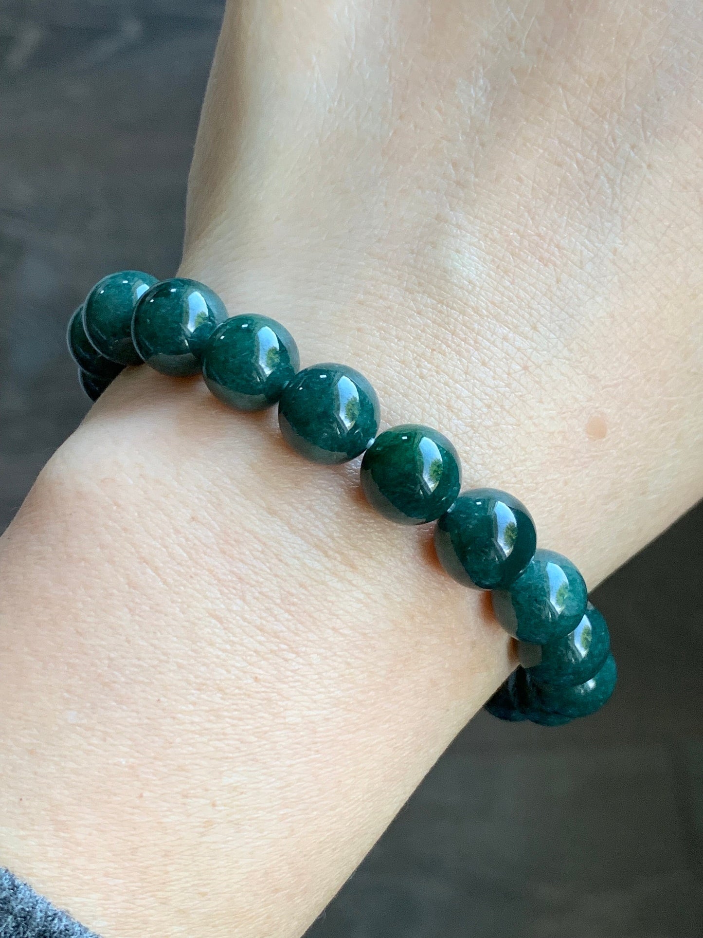 Natural Guatemalan Icy Translucent Dark Teal Green Jadeite Beaded Bracelet Stretchy 9.8mm 7.5” 33g 天然冰危糯种深绿翡翠圆珠手串 LLS1221