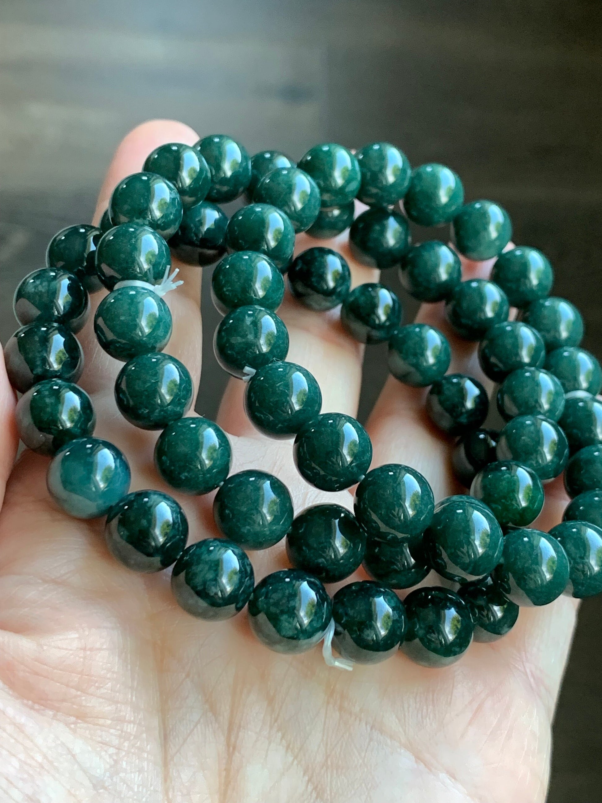 Natural Guatemalan Icy Translucent Dark Teal Green Jadeite Beaded Bracelet Stretchy 9.8mm 7.5” 33g 天然冰危糯种深绿翡翠圆珠手串 LLS1221