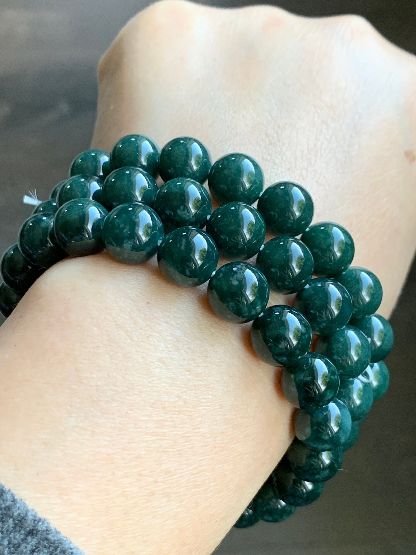 Natural Guatemalan Icy Translucent Dark Teal Green Jadeite Beaded Bracelet Stretchy 9.8mm 7.5” 33g 天然冰危糯种深绿翡翠圆珠手串 LLS1221