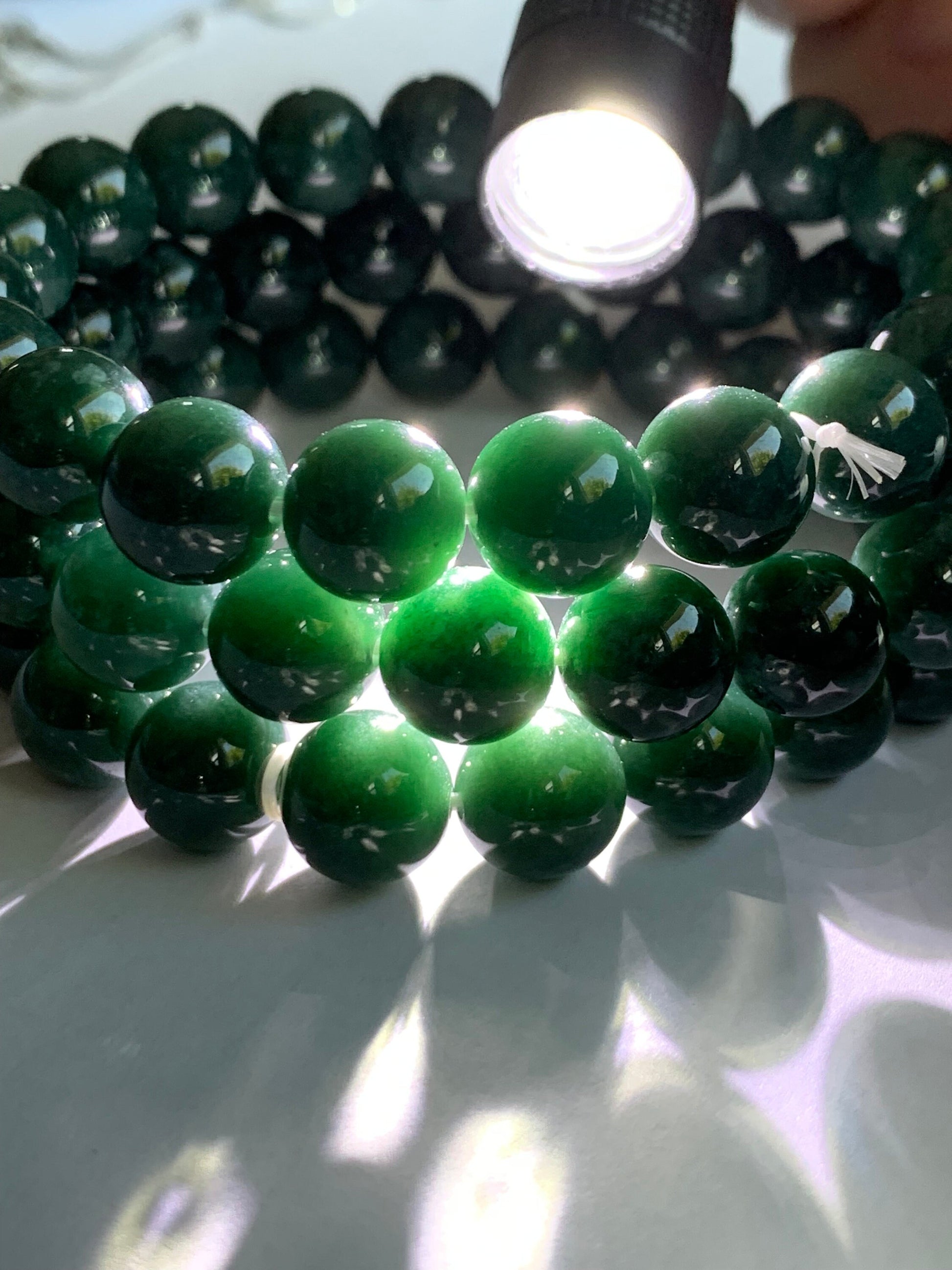 Natural Guatemalan Icy Translucent Dark Teal Green Jadeite Beaded Bracelet Stretchy 9.8mm 7.5” 33g 天然冰危糯种深绿翡翠圆珠手串 LLS1221
