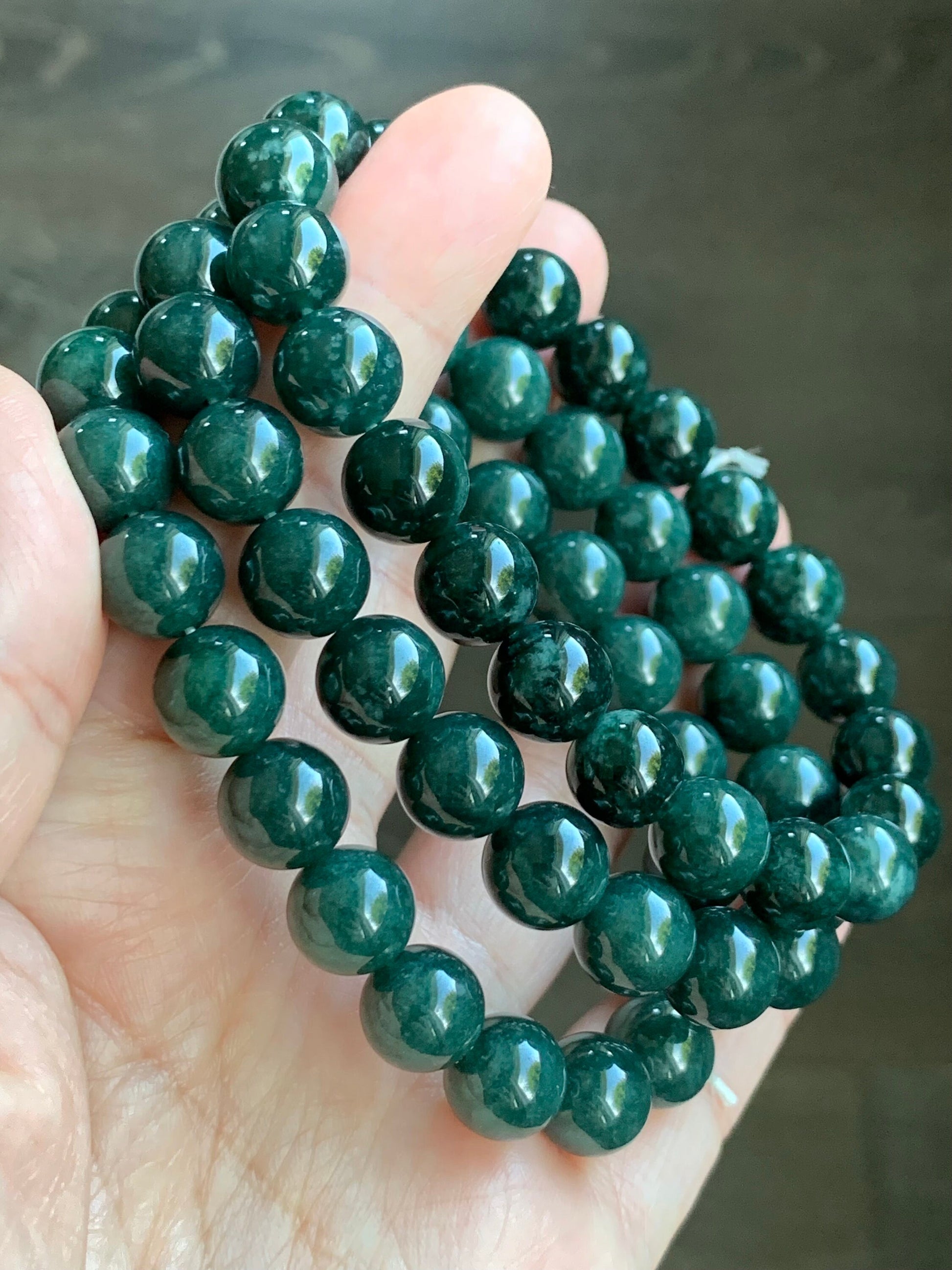 Natural Guatemalan Icy Translucent Dark Teal Green Jadeite Beaded Bracelet Stretchy 9.8mm 7.5” 33g 天然冰危糯种深绿翡翠圆珠手串 LLS1221