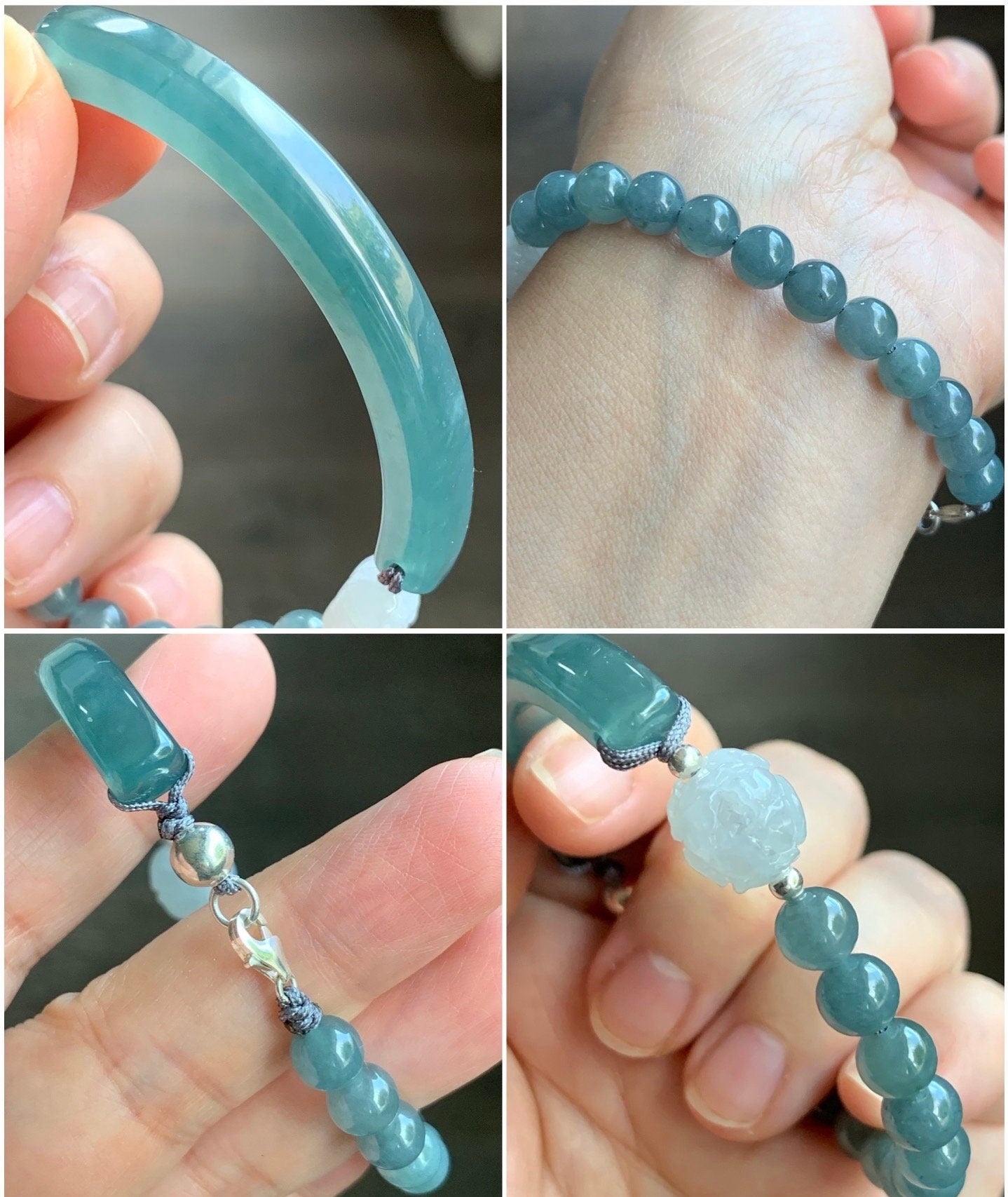 Natural Guatemalan Icy Highly Translucent Blue Jadeite Cuff White Peony Beaded Bracelet Sterling Silver Clasp 7.5” 19g 天然冰胶危蓝水翡翠手牌牡丹花手串