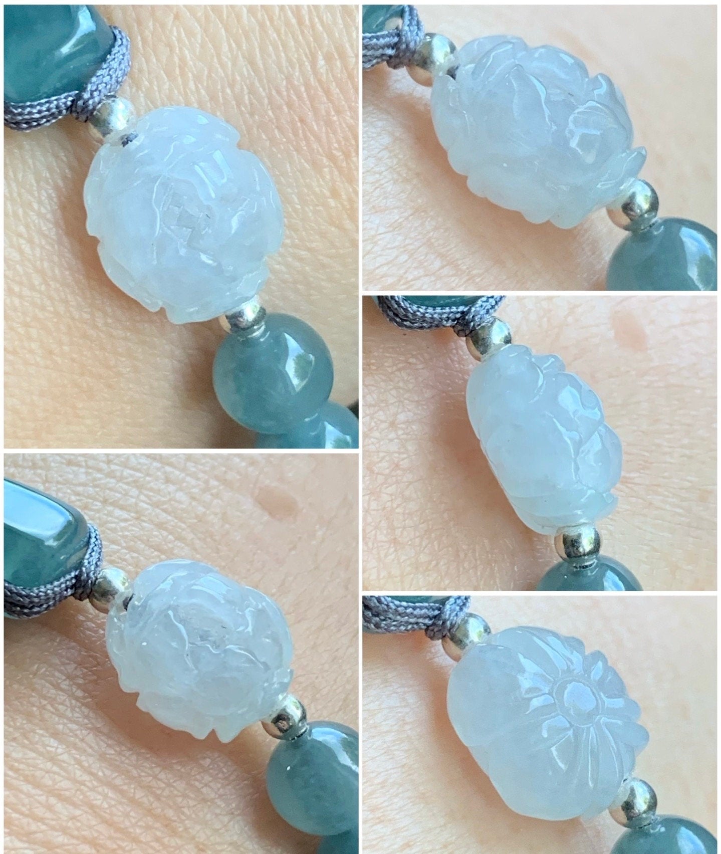 Natural Guatemalan Icy Highly Translucent Blue Jadeite Cuff White Peony Beaded Bracelet Sterling Silver Clasp 7.5” 19g 天然冰胶危蓝水翡翠手牌牡丹花手串