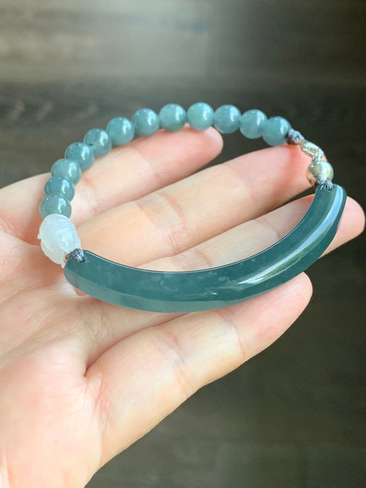 Natural Guatemalan Icy Highly Translucent Blue Jadeite Cuff White Peony Beaded Bracelet Sterling Silver Clasp 7.5” 19g 天然冰胶危蓝水翡翠手牌牡丹花手串