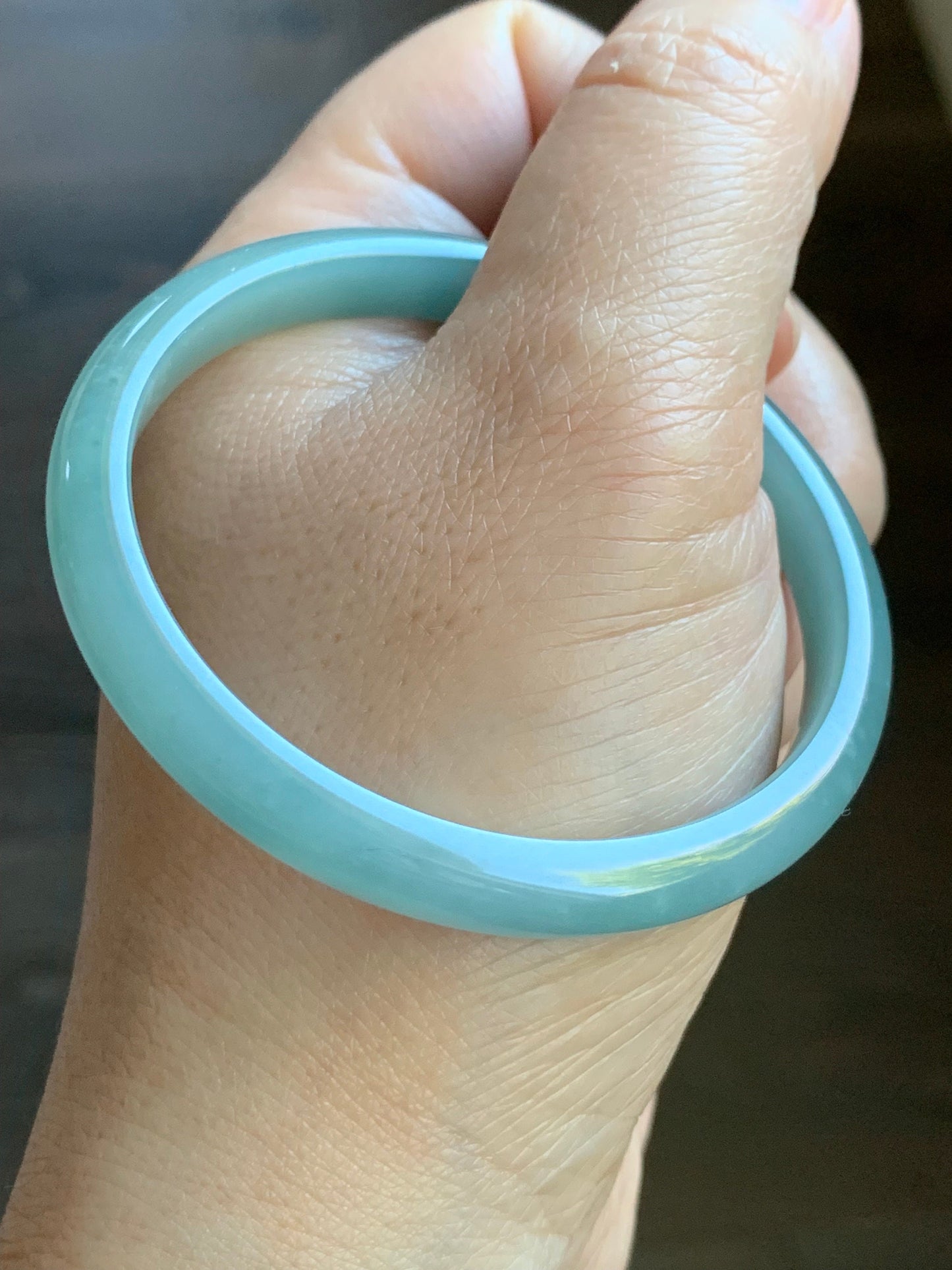 Natural Guatemalan Icy Translucent Light Blue Jadeite Bangle Bracelet 53mm 7.3x5.2mm 21g 天然冰危淡蓝水翡翠细条正圈手镯 QLXK26
