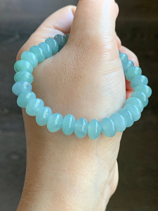Certified Natural Guatemalan Icy Translucent Gelatinous Light Blue Jadeite Drum Beads Beaded Bracelet Stretchy 7” 26.11g 天然冰危蓝水翡翠鼓珠手串 3282