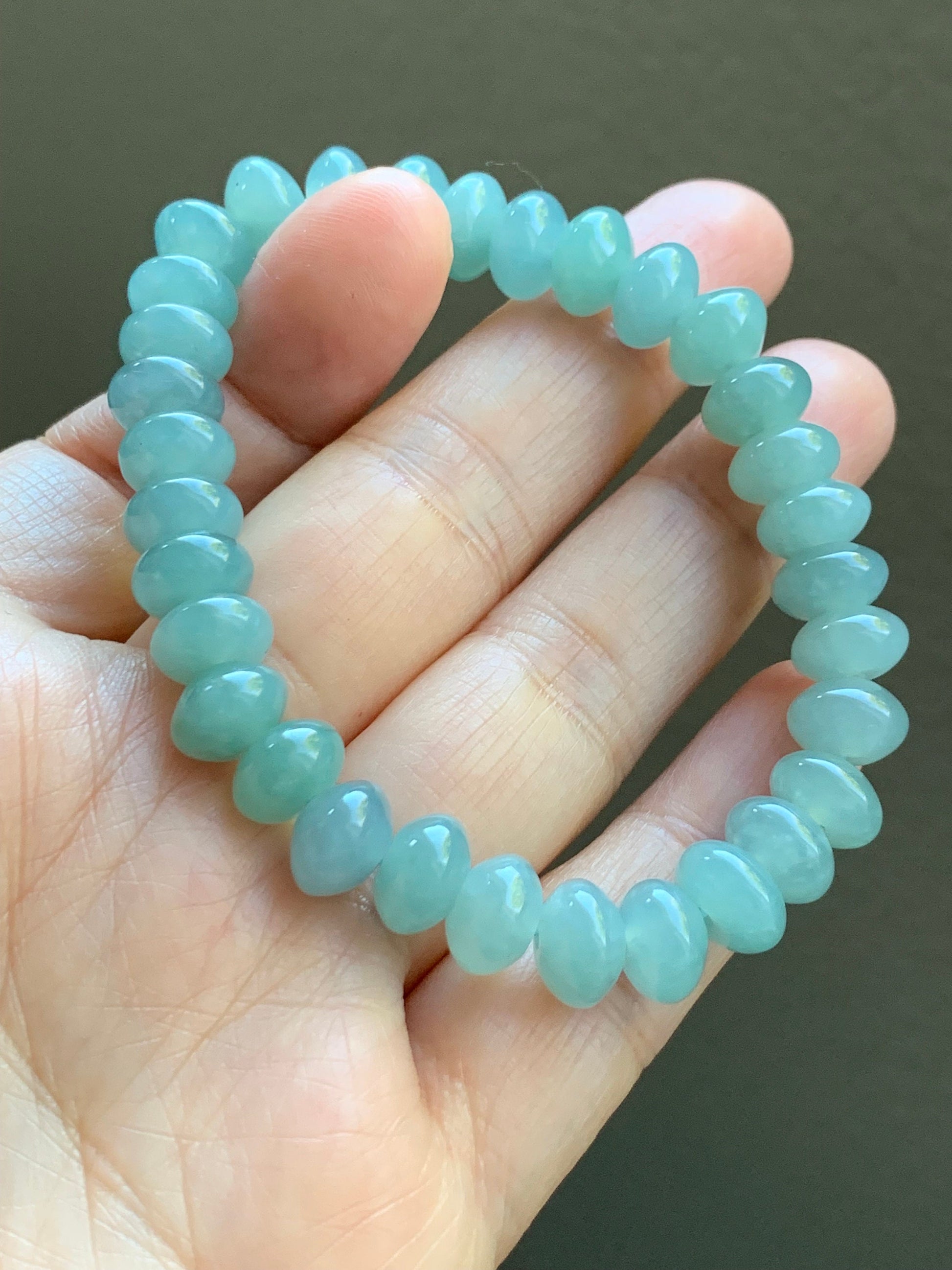 Certified Natural Guatemalan Icy Translucent Gelatinous Light Blue Jadeite Drum Beads Beaded Bracelet Stretchy 7” 26.11g 天然冰危蓝水翡翠鼓珠手串 3282