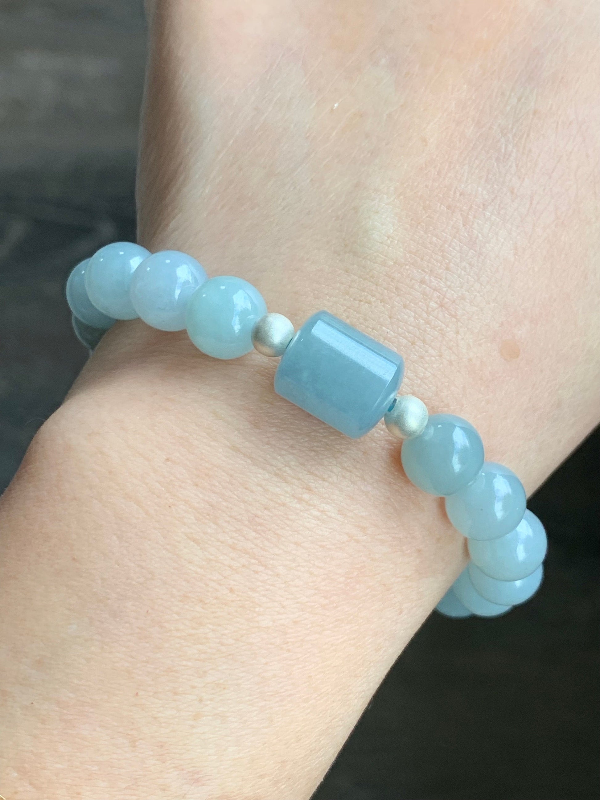 Natural Guatemalan Icy Translucent Light Blue Jadeite LuLuTong Barrel Bead Beaded Bracelet Sterling Silver 9.5mm 7.5” 31g 天然冰危淡蓝翡翠路路通手串 0302